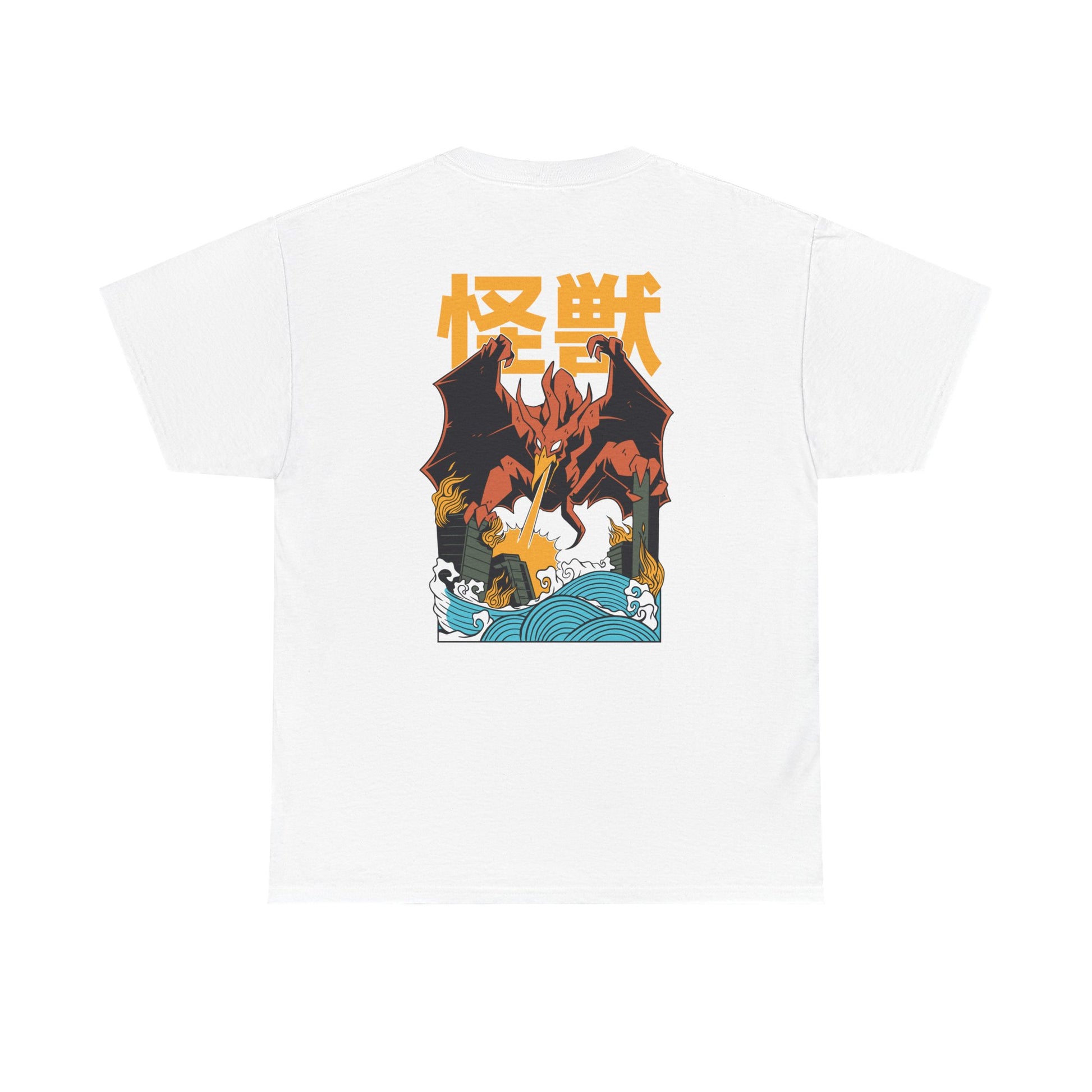 Weißes T-Shirt mit Rodan-Backprint: Fliegender Pterosaurier mit Flammenatem und zerstörten Hochhäusern. Große gelbe Kanji darüber.