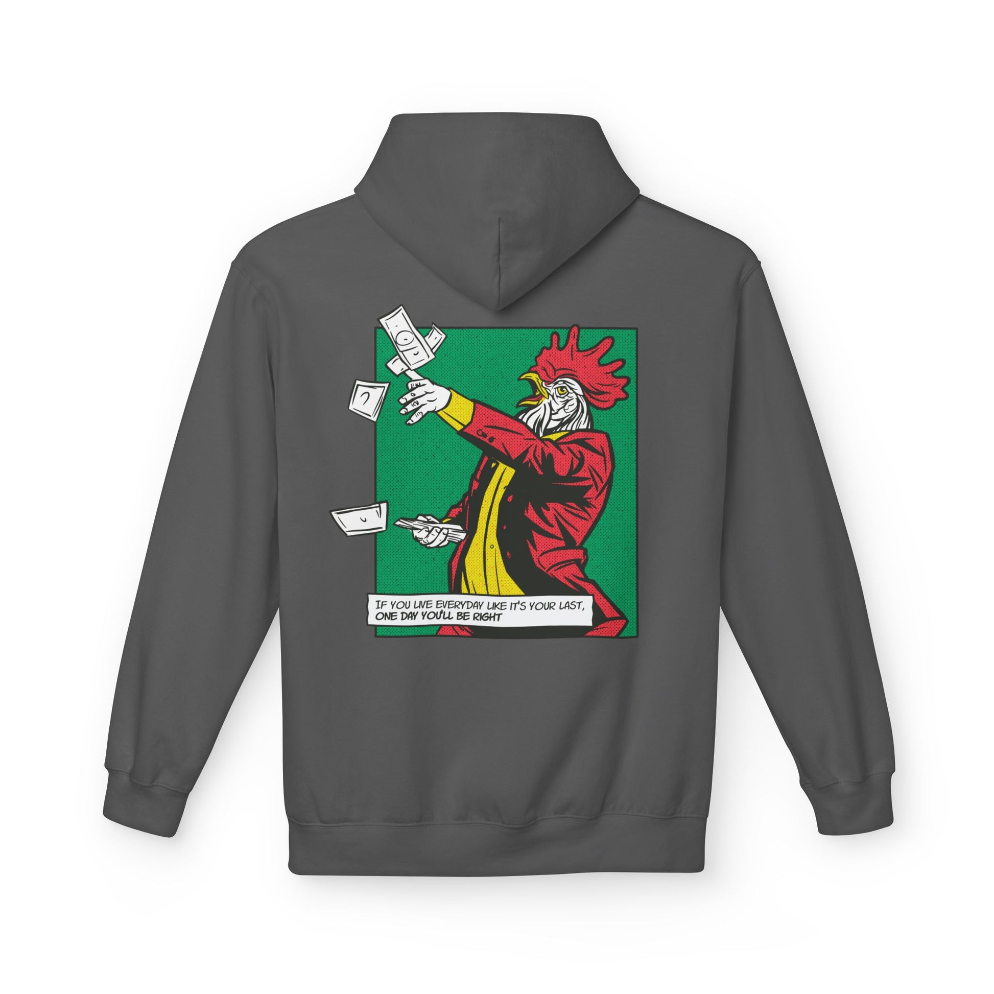 Dunkelgrauer Unisex Hoodie mit markantem Comic-Mafia-Hahn als Back-Print für starken Auftritt