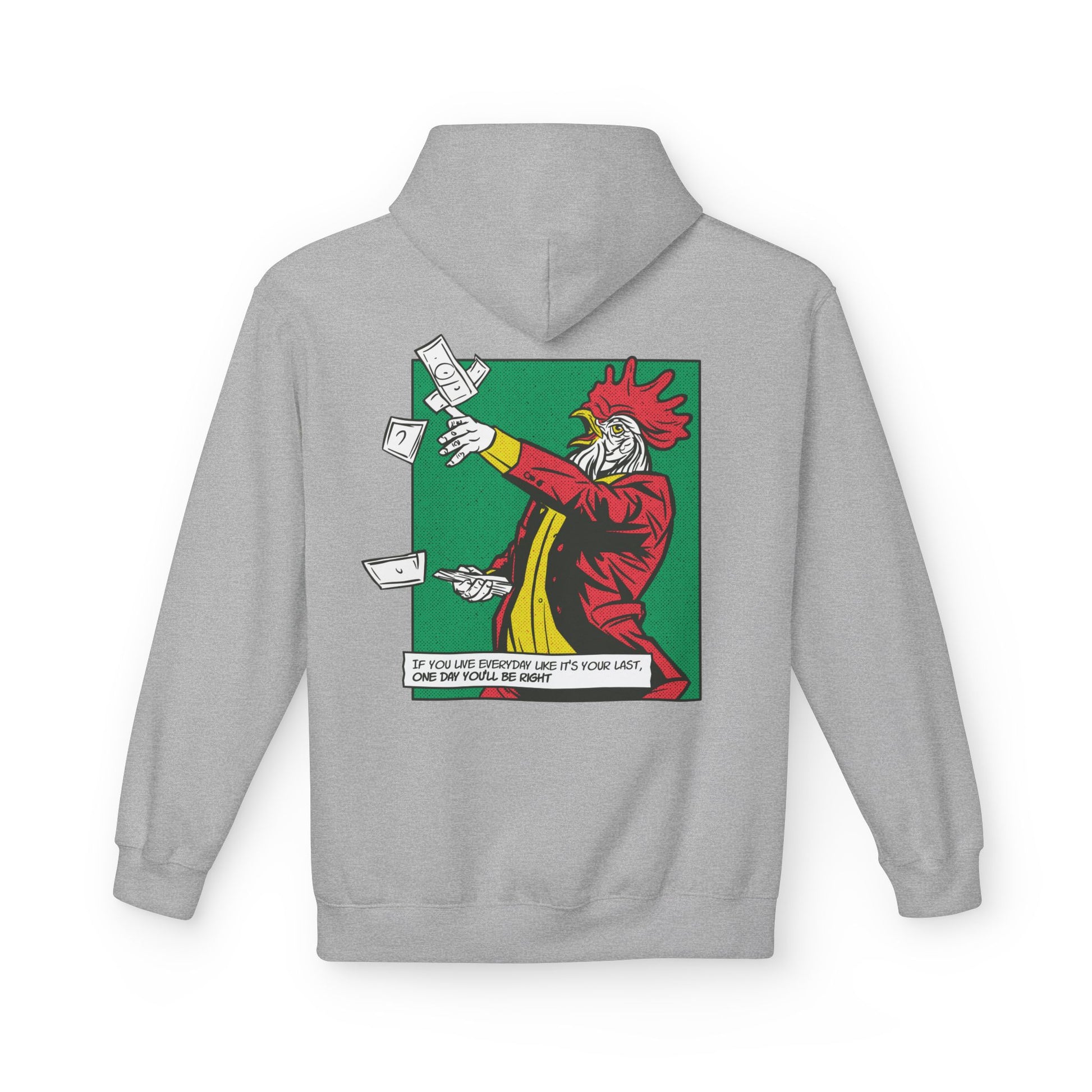 Grauer Unisex Hoodie mit Comic-Mafia-Hahn als Back-Print im urbanen Illustrationsstil