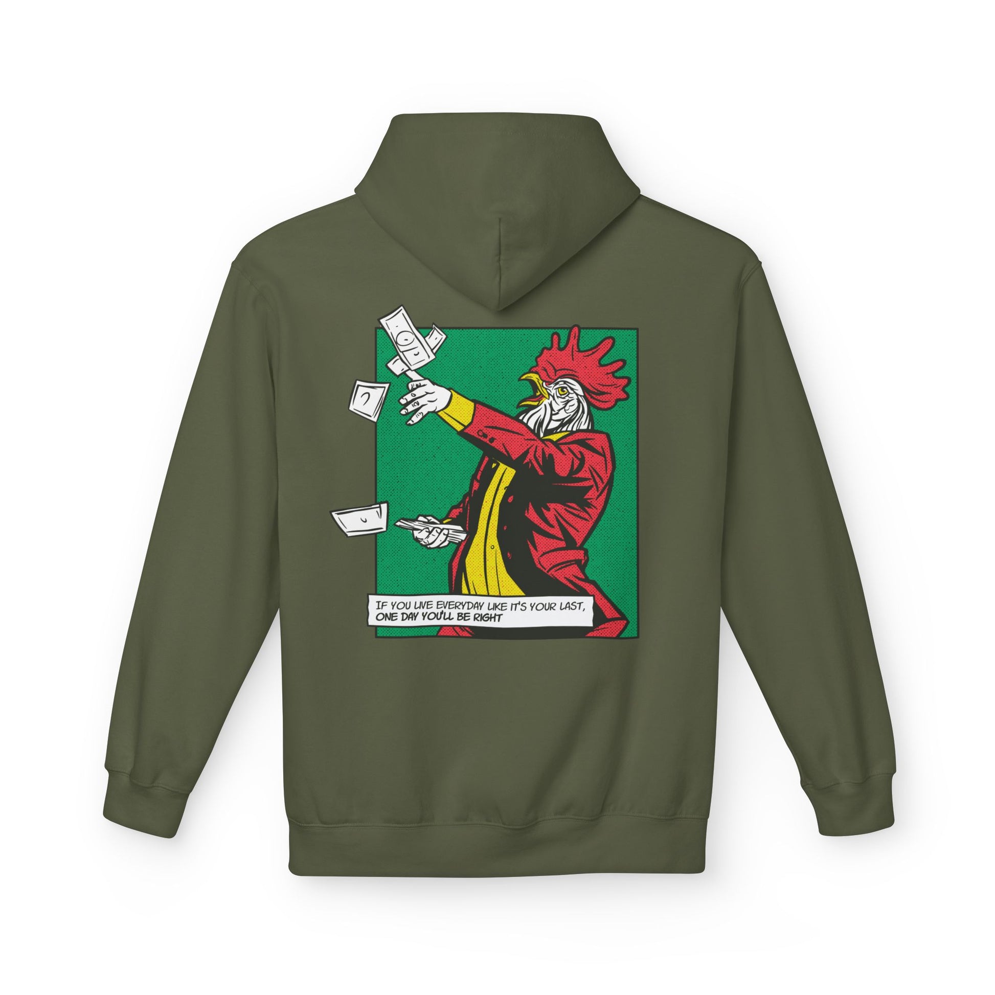 Militärgrüner Unisex Hoodie mit Comic-Mafia-Hahn als Back-Print im rebellischen Streetwear-Stil