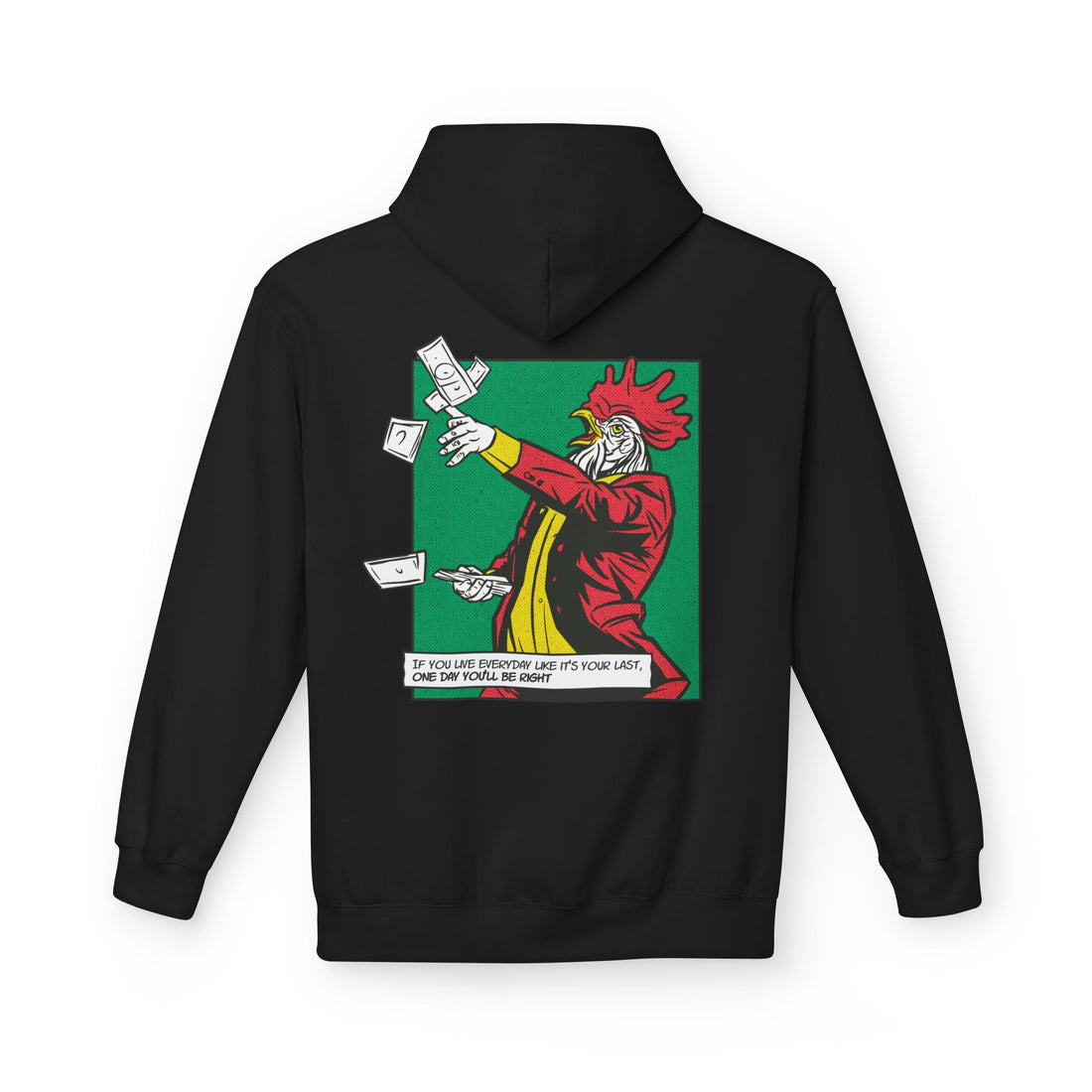 Schwarzer Unisex Hoodie mit großflächigem Comic-Mafia-Hahn als Back-Print im markanten Illustrationsstil