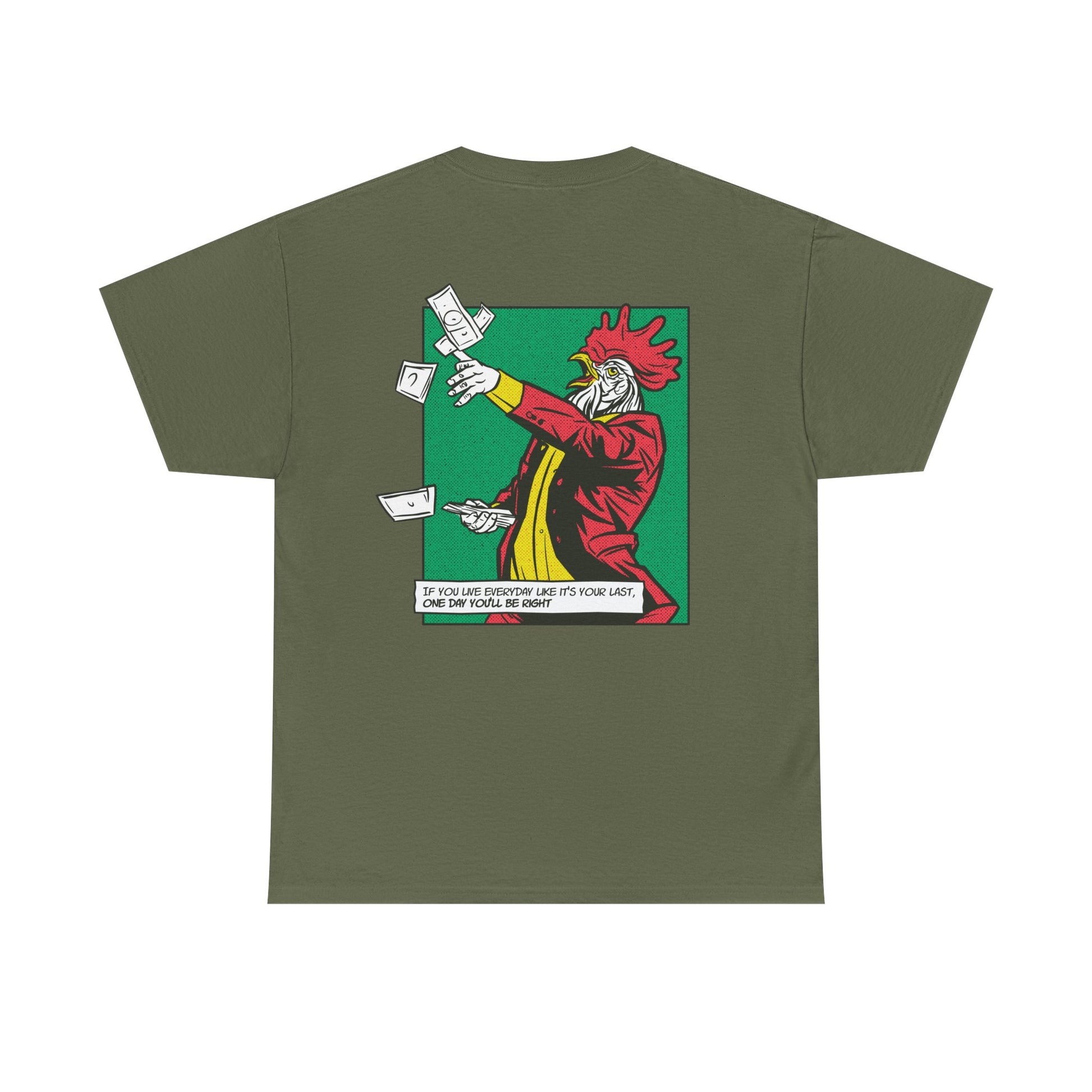 Militärgrünes Unisex T-Shirt mit Back Print eines Hahns im Comic-Mafia-Street-Art-Stil
