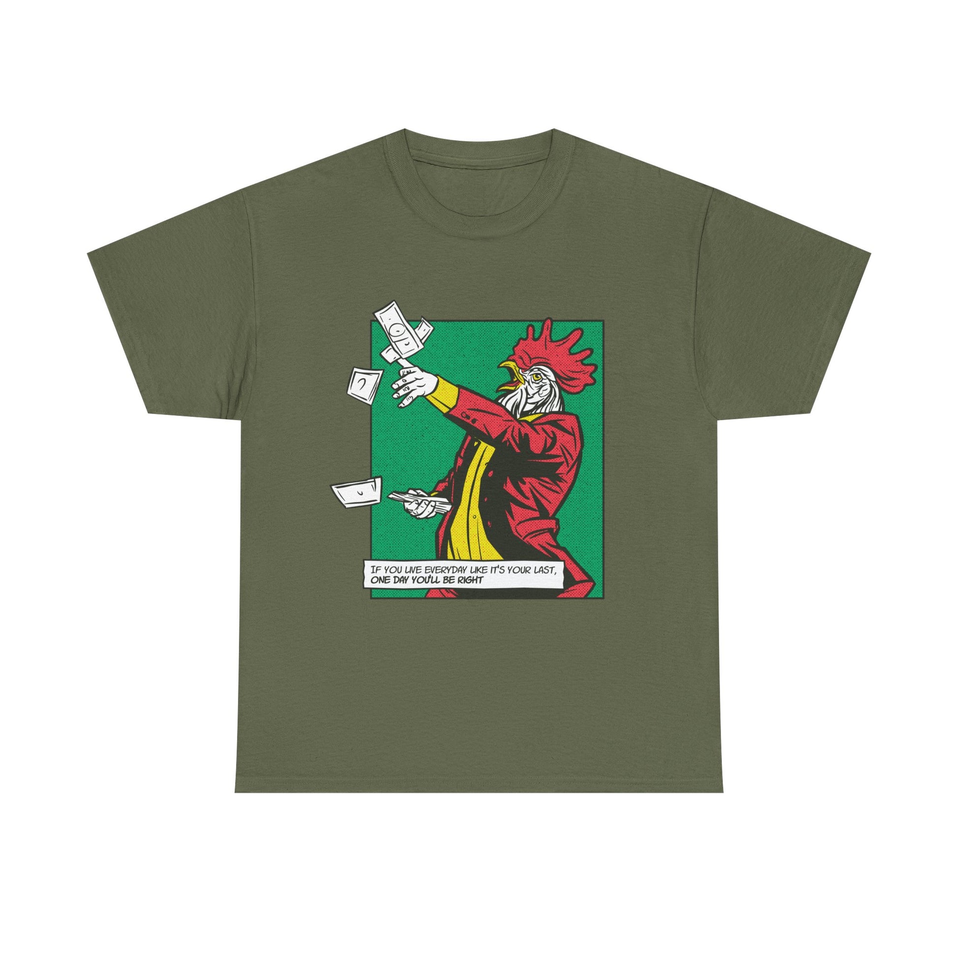 Militärgrünes Unisex T-Shirt mit Front Print eines Hahns im Comic-Mafia-Stil