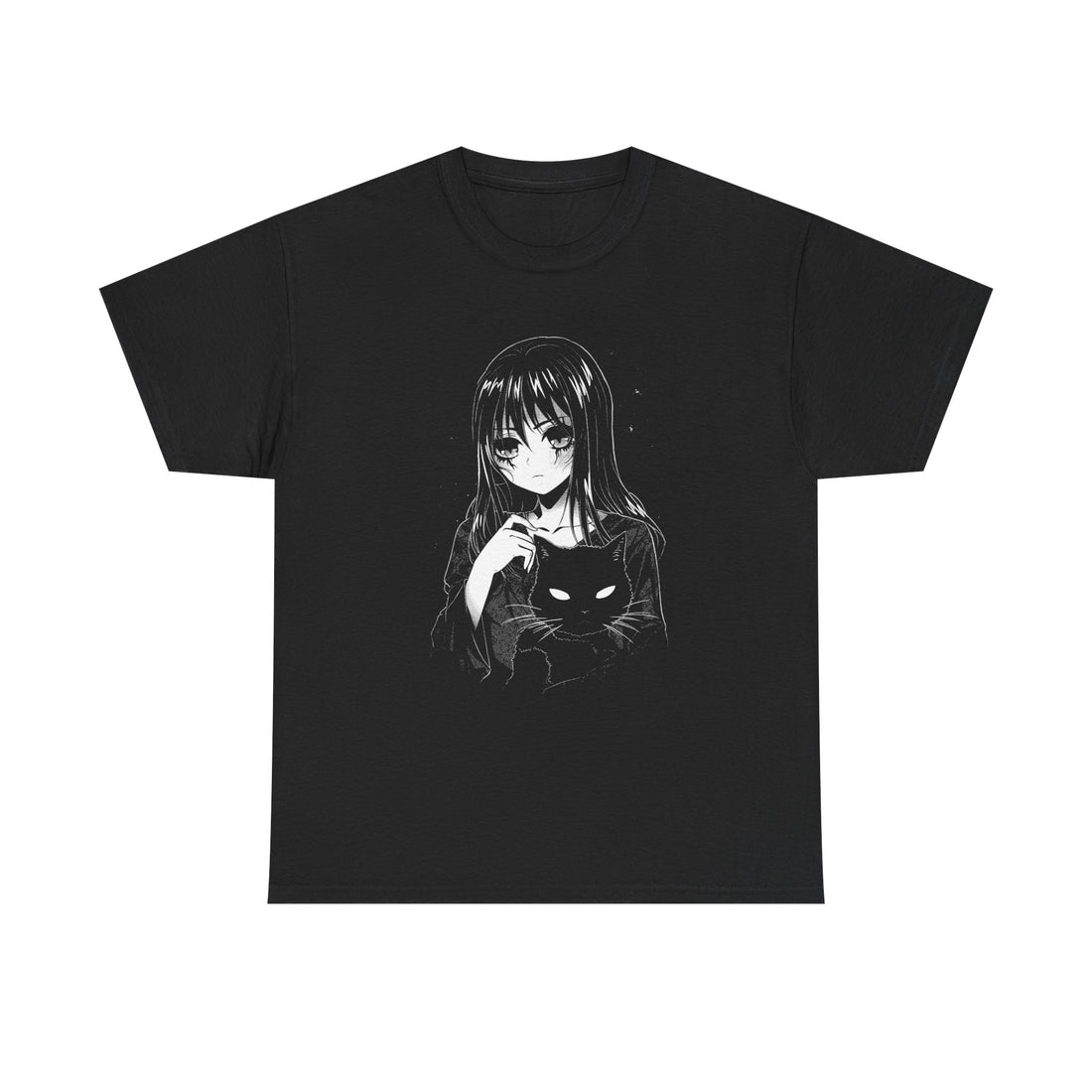 Schwarzes T-Shirt mit melancholischer Anime-Zeichnung: Ein Mädchen mit langen Haaren hält eine schwarze Katze – stilvoll und emotional.