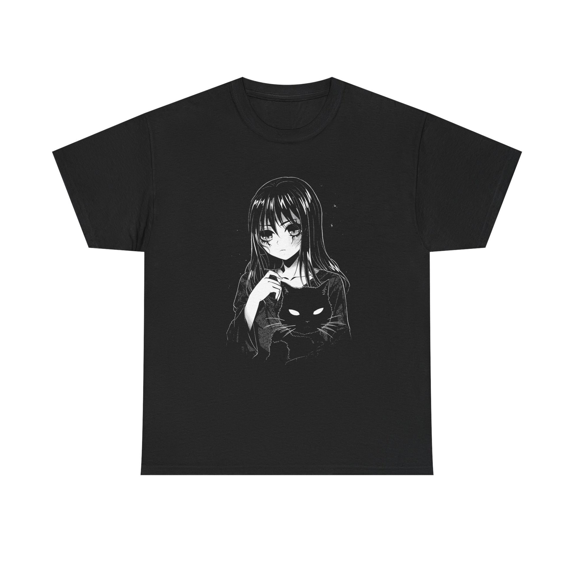 Schwarzes T-Shirt mit melancholischer Anime-Zeichnung: Ein Mädchen mit langen Haaren hält eine schwarze Katze – stilvoll und emotional.