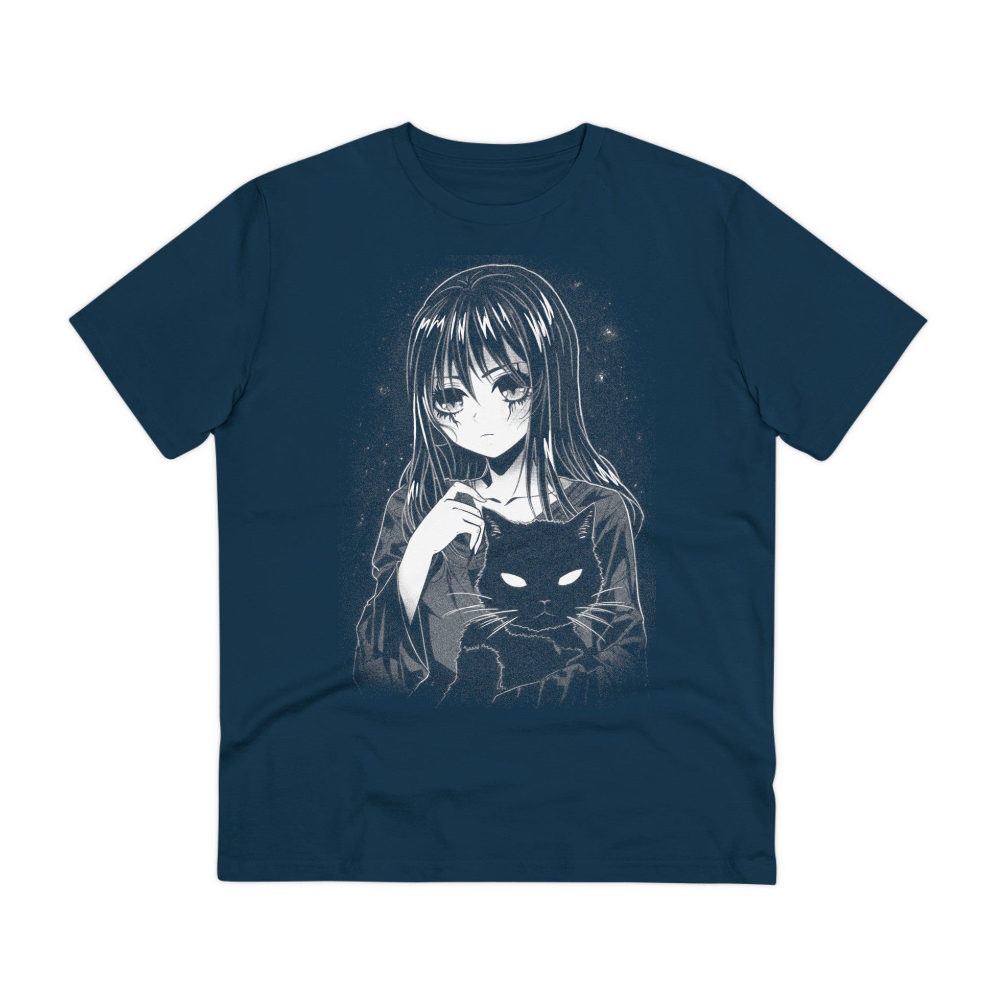 Printify T-Shirt French Navy / 2XS Sad Girl with black magic Cat - Anime World - Front Design