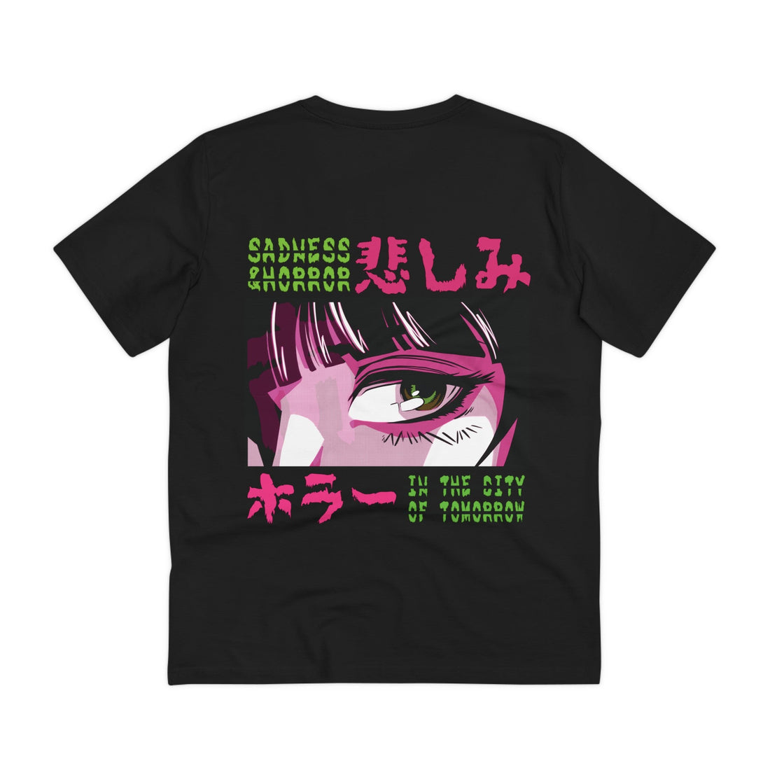 Printify T-Shirt Black / 2XS Sadness & Horror in the City of Tomorrow Girl - Anime World - Back Design