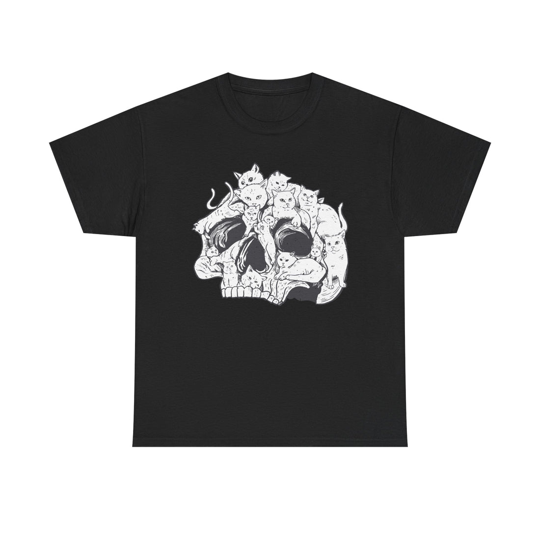 Schwarzes T-Shirt mit weißer Illustration mehrerer Katzen, die einen Totenkopf formen – ein kreatives Design für Katzenfans mit dunklem Humor.