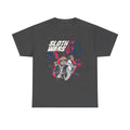 Dunkelgraues T Shirt mit farbenfrohem Comicmotiv: Faultiere in Star Wars Parodie mit Lichtschwert und Droiden. Text: Sloth Wars.