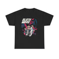 Schwarzes T Shirt mit Cartoon-Parodie auf Star Wars. Drei Faultiere in ikonischen Rollen, darunter Jedi und Prinzessin. Text: Sloth Wars.