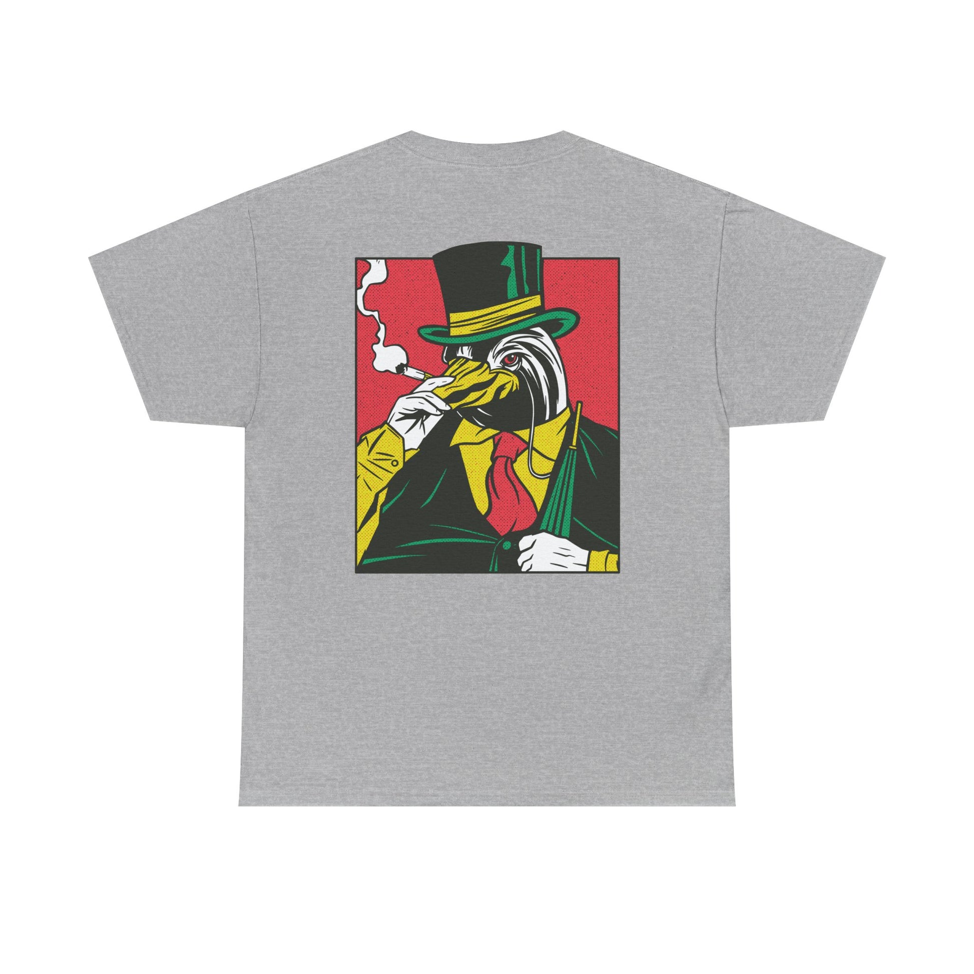 Graues Unisex T-Shirt mit Back Print eines rauchenden Pinguins im Comic-Mafia-Stil