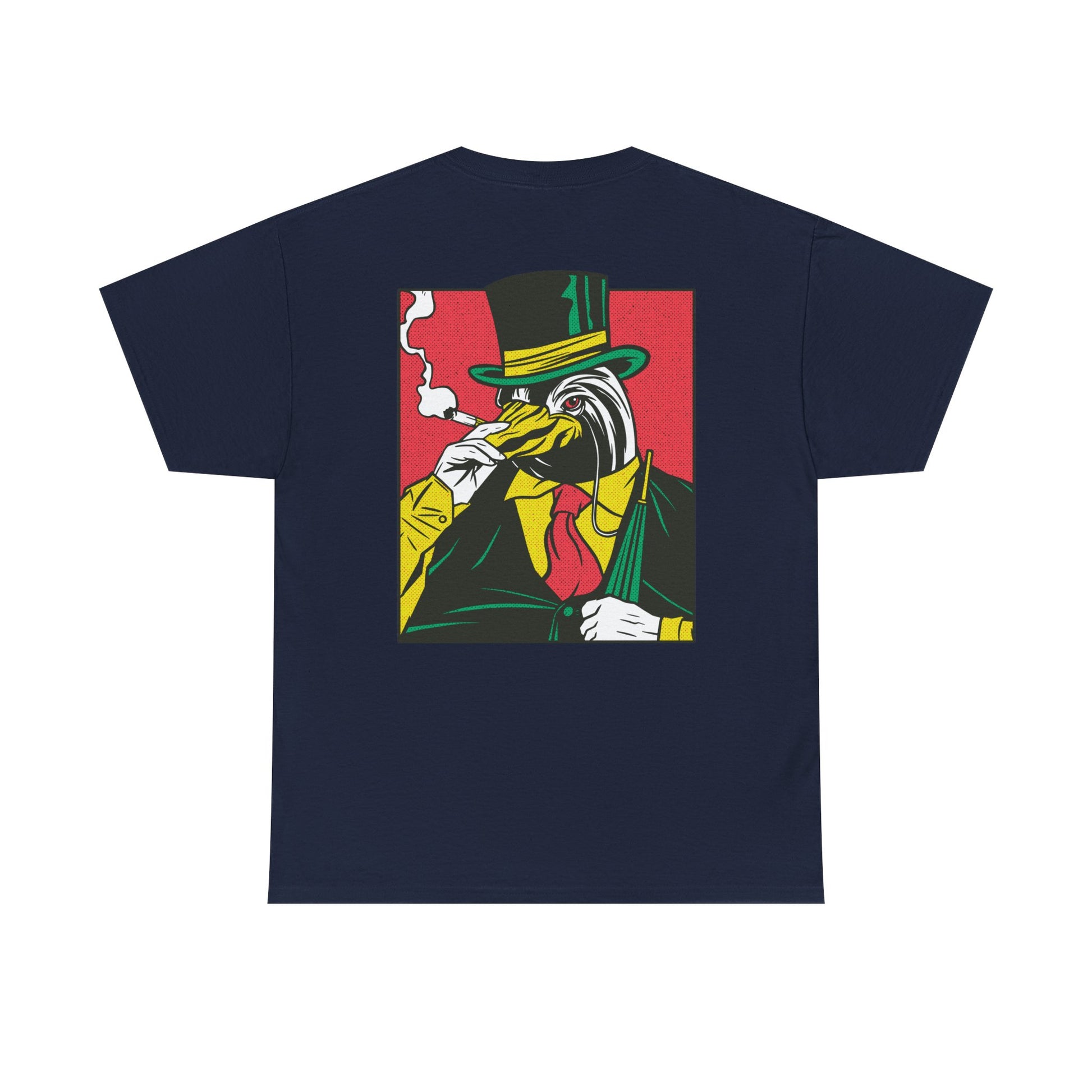 Marineblaues Unisex T-Shirt mit Back Print eines rauchenden Pinguins im Comic-Mafia-Stil