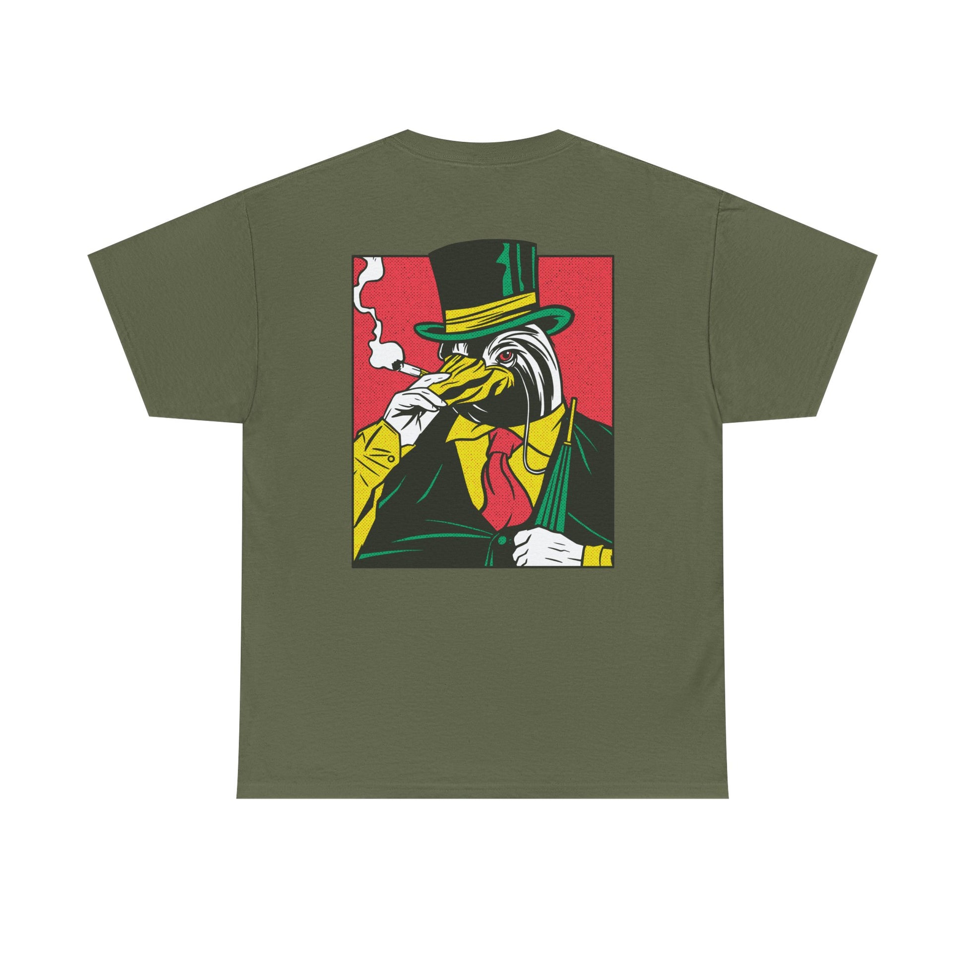 Militärgrünes Unisex T-Shirt mit Back Print eines rauchenden Pinguins im Comic-Mafia-Street-Art-Stil