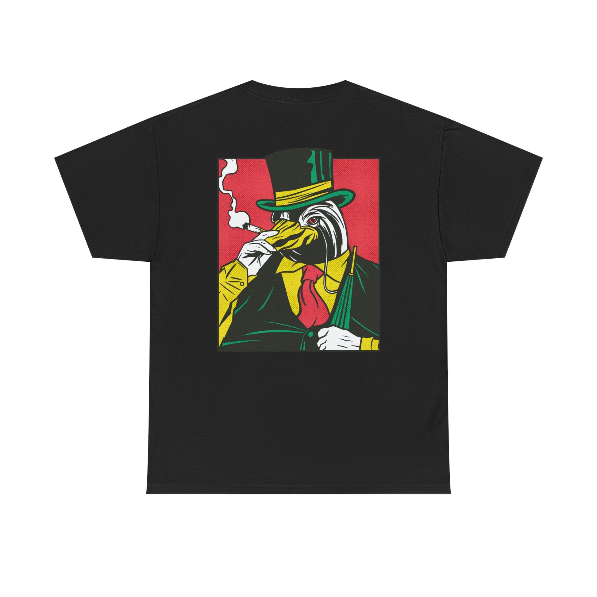 Schwarzes Unisex T-Shirt mit Back Print eines rauchenden Pinguins im Comic-Mafia-Street-Art-Stil