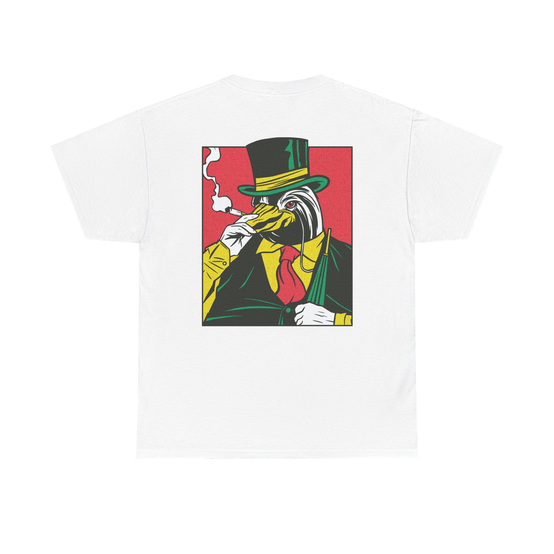 Weißes Unisex T-Shirt mit Back Print eines rauchenden Pinguins im Comic-Mafia-Street-Art-Stil