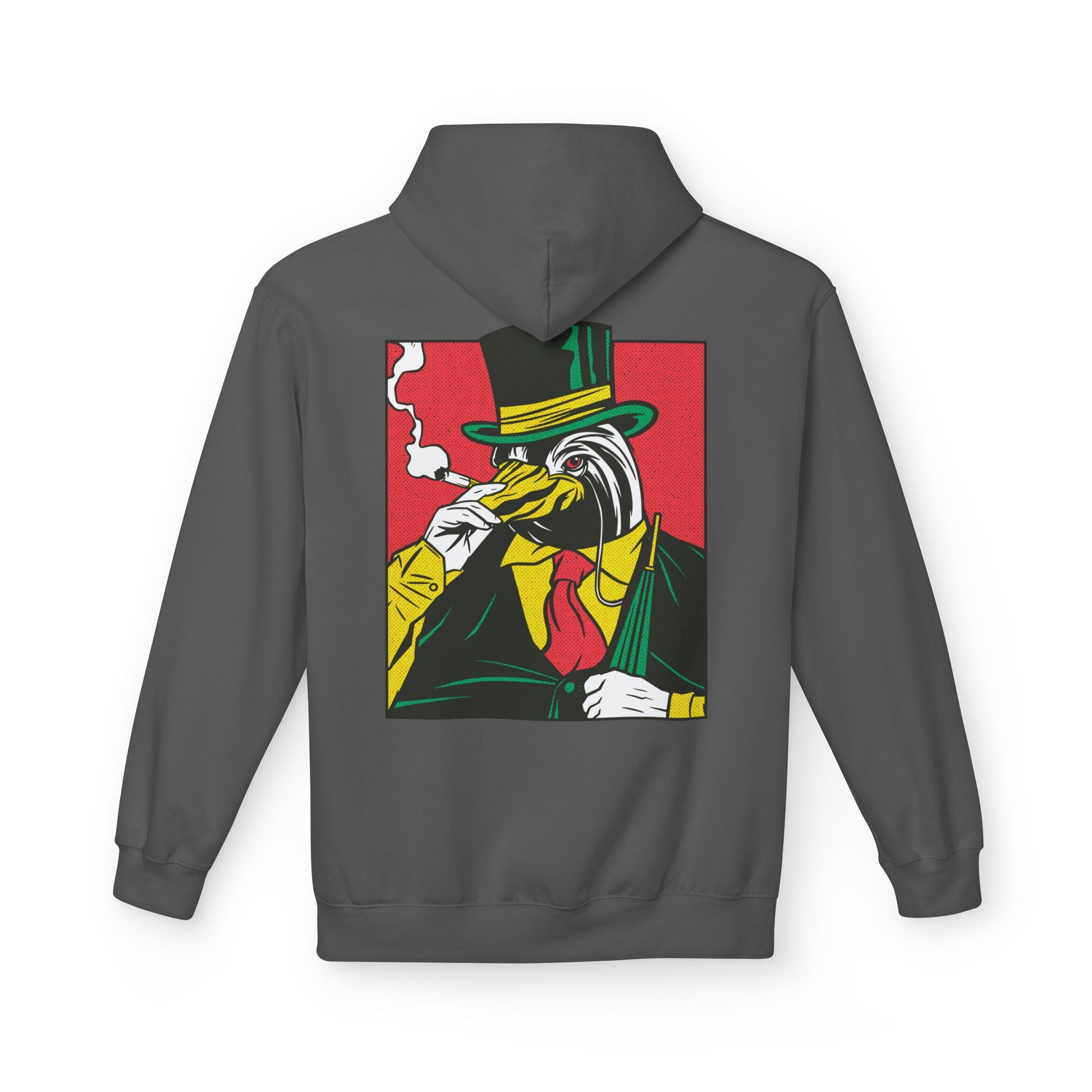 Dunkelgrauer Unisex Hoodie mit Comic-Mafia-Pinguin als markantem Back-Print