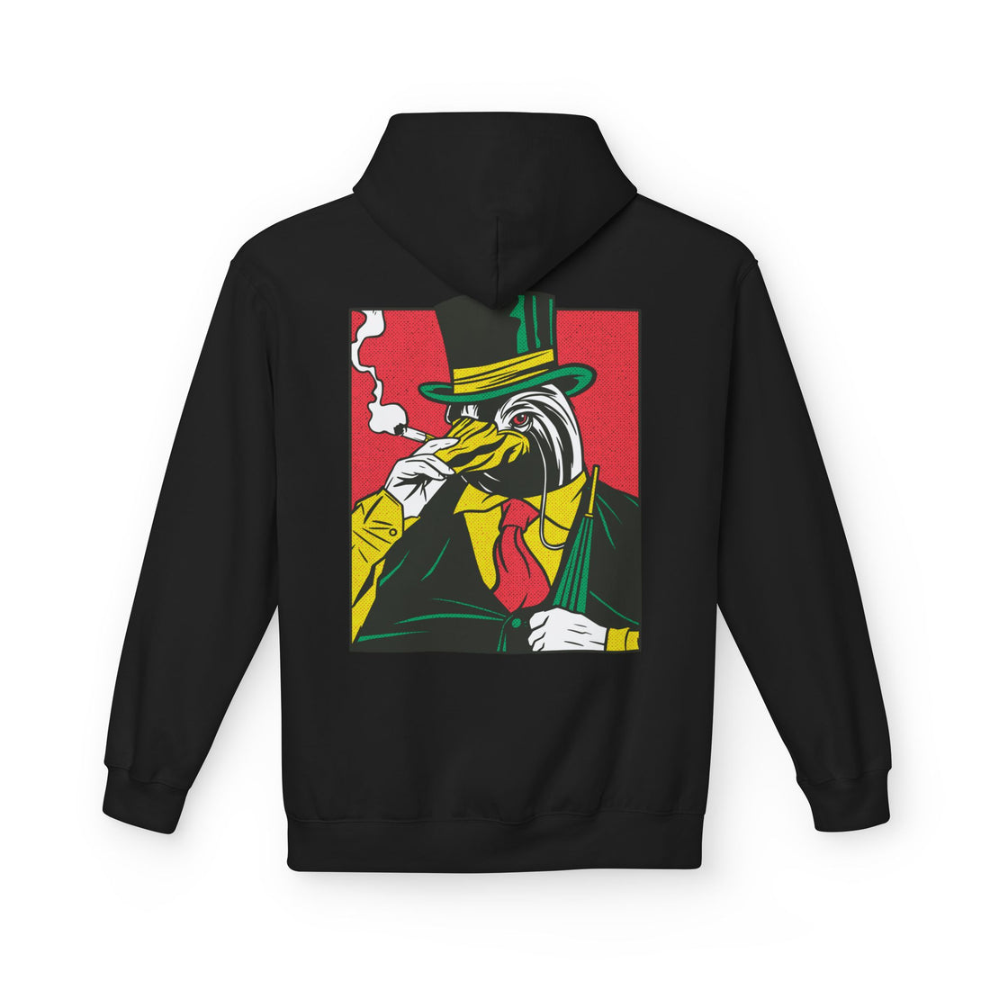 Schwarzer Unisex Hoodie mit Comic-Mafia-Pinguin als Back-Print im Smoking-Stil