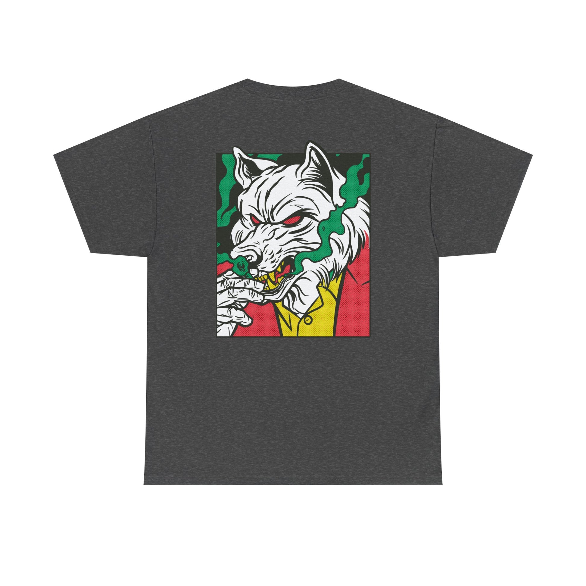 Dunkelgraues Unisex T-Shirt mit Back Print eines rauchenden Wolfs im Comic-Mafia-Stil