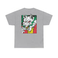 Graues Unisex T-Shirt mit Back Print eines rauchenden Wolfs im Comic-Mafia-Stil