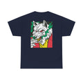 Marineblaues Unisex T-Shirt mit Back Print eines rauchenden Wolfs im Comic-Mafia-Stil