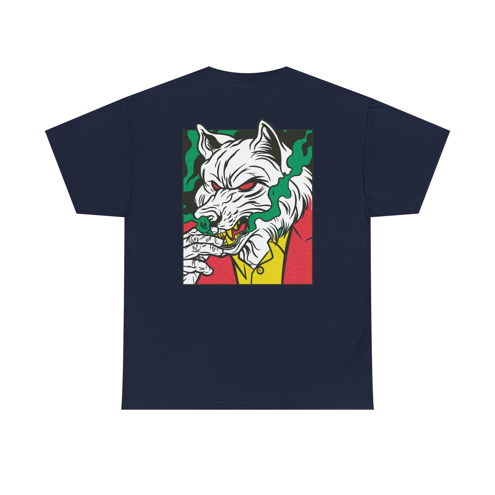 Marineblaues Unisex T-Shirt mit Back Print eines rauchenden Wolfs im Comic-Mafia-Stil