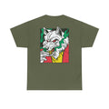 Militärgrünes Unisex T-Shirt mit Back Print eines rauchenden Wolfs im Comic-Mafia-Street-Art-Stil