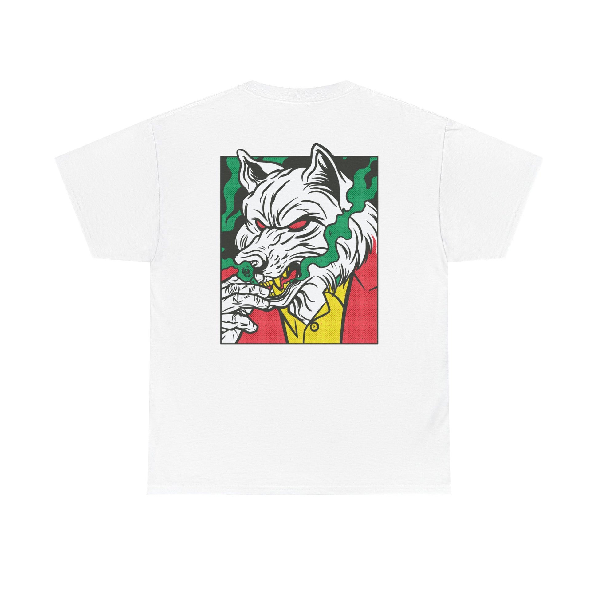 Weißes Unisex T-Shirt mit Back Print eines rauchenden Wolfs im Comic-Mafia-Street-Art-Stil