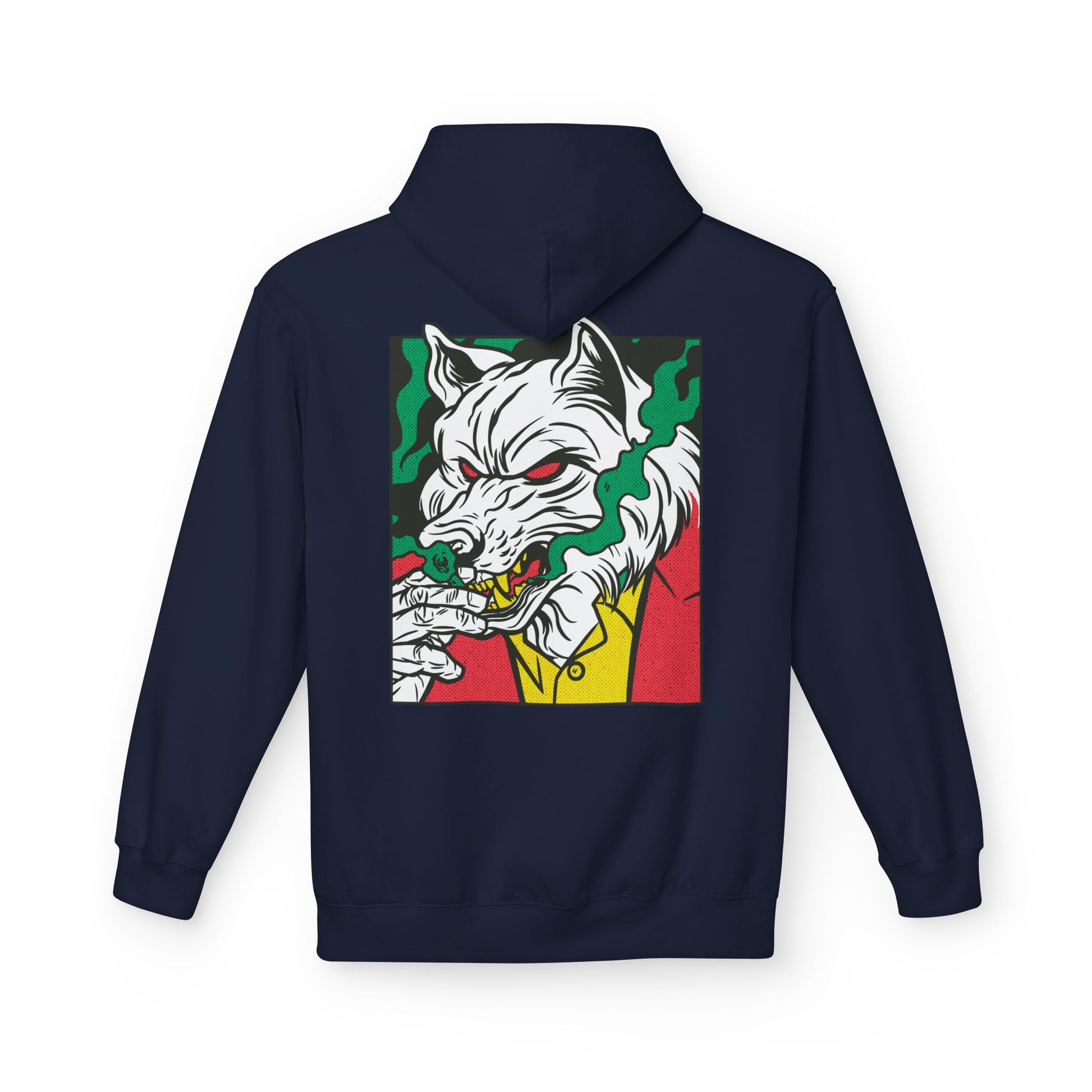 Marineblauer Unisex Hoodie mit rauchendem Wolf im Comic-Mafia-Stil als Back Print