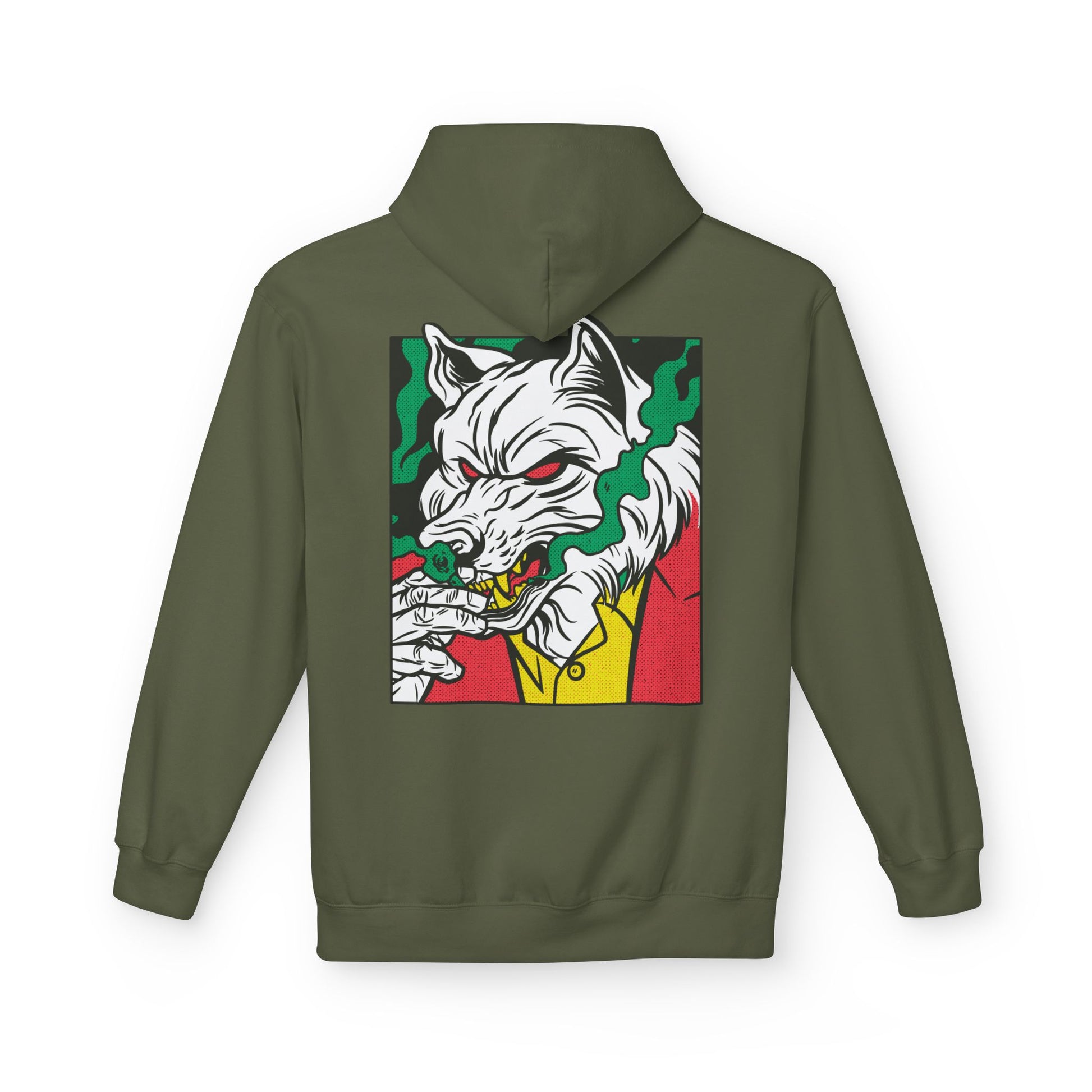 Militärgrüner Unisex Hoodie mit aggressivem Comic-Mafia-Wolf und Rauchmotiv als Back Print