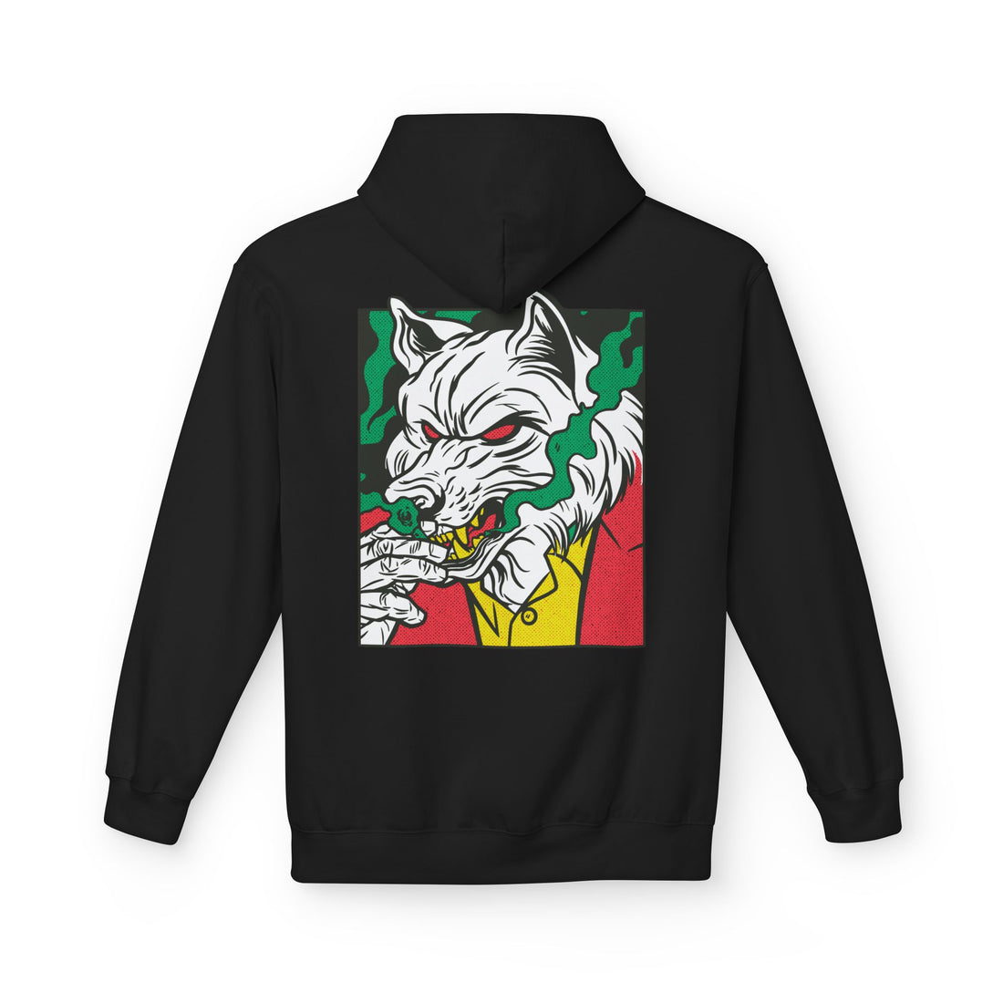 Schwarzer Unisex Hoodie mit Comic-Mafia-Wolf und rauchendem Wolfsmotiv als Back Print