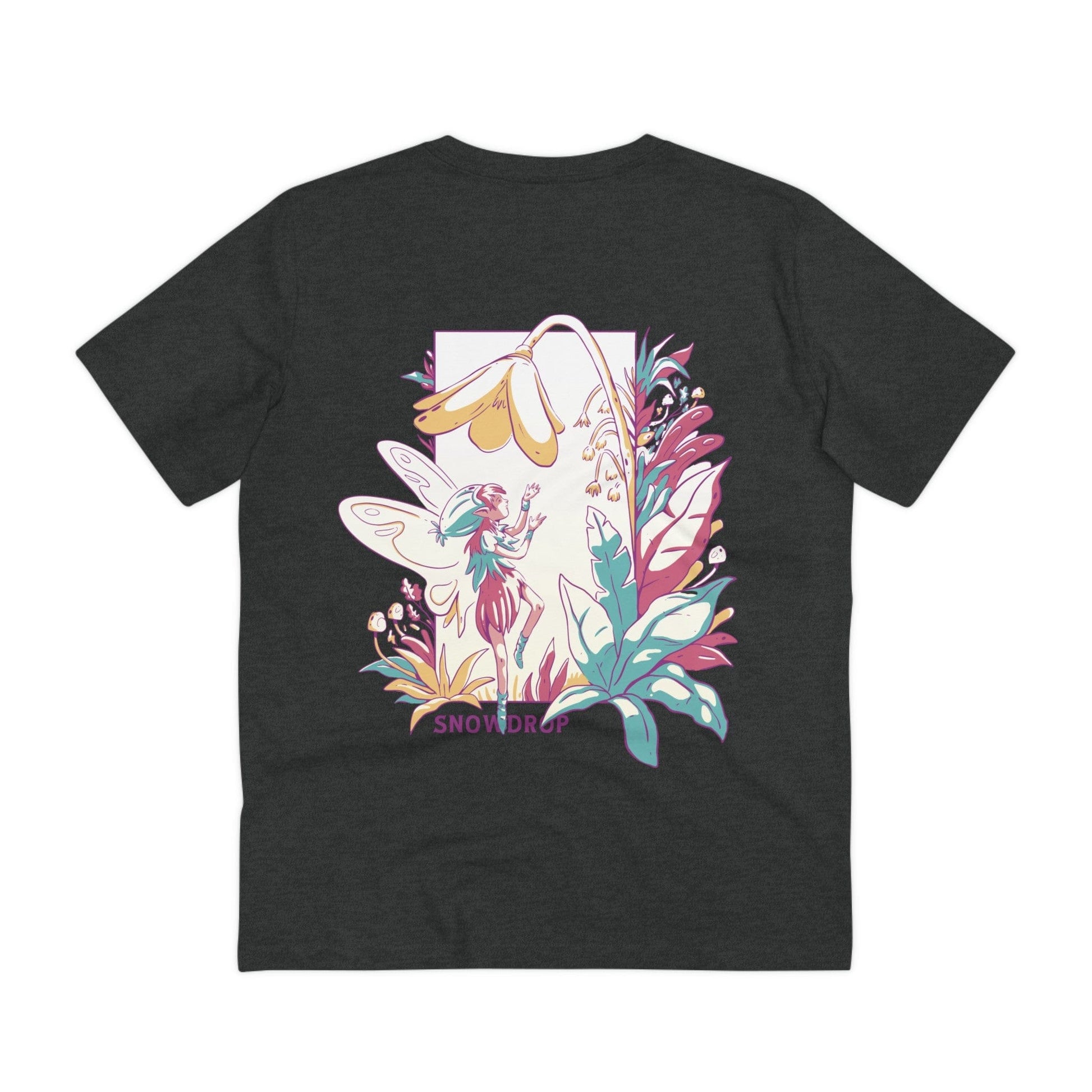 Printify T-Shirt Dark Heather Grey / 2XS Snowdrop - Flowers with Fairies - Back Design
