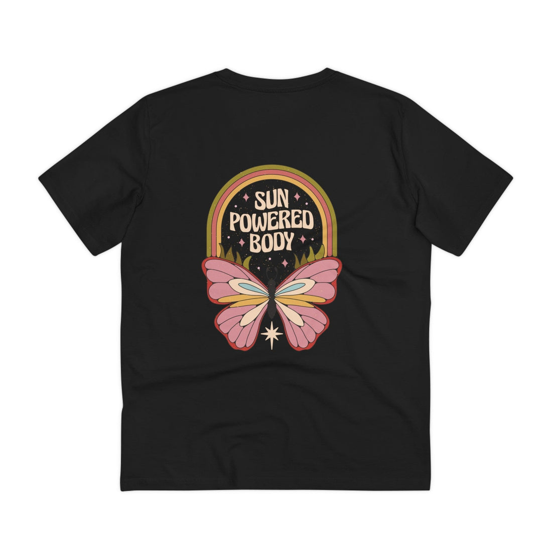 Printify T-Shirt Black / 2XS Sun Powered Body Butterfly - Hippie Retro - Back Design