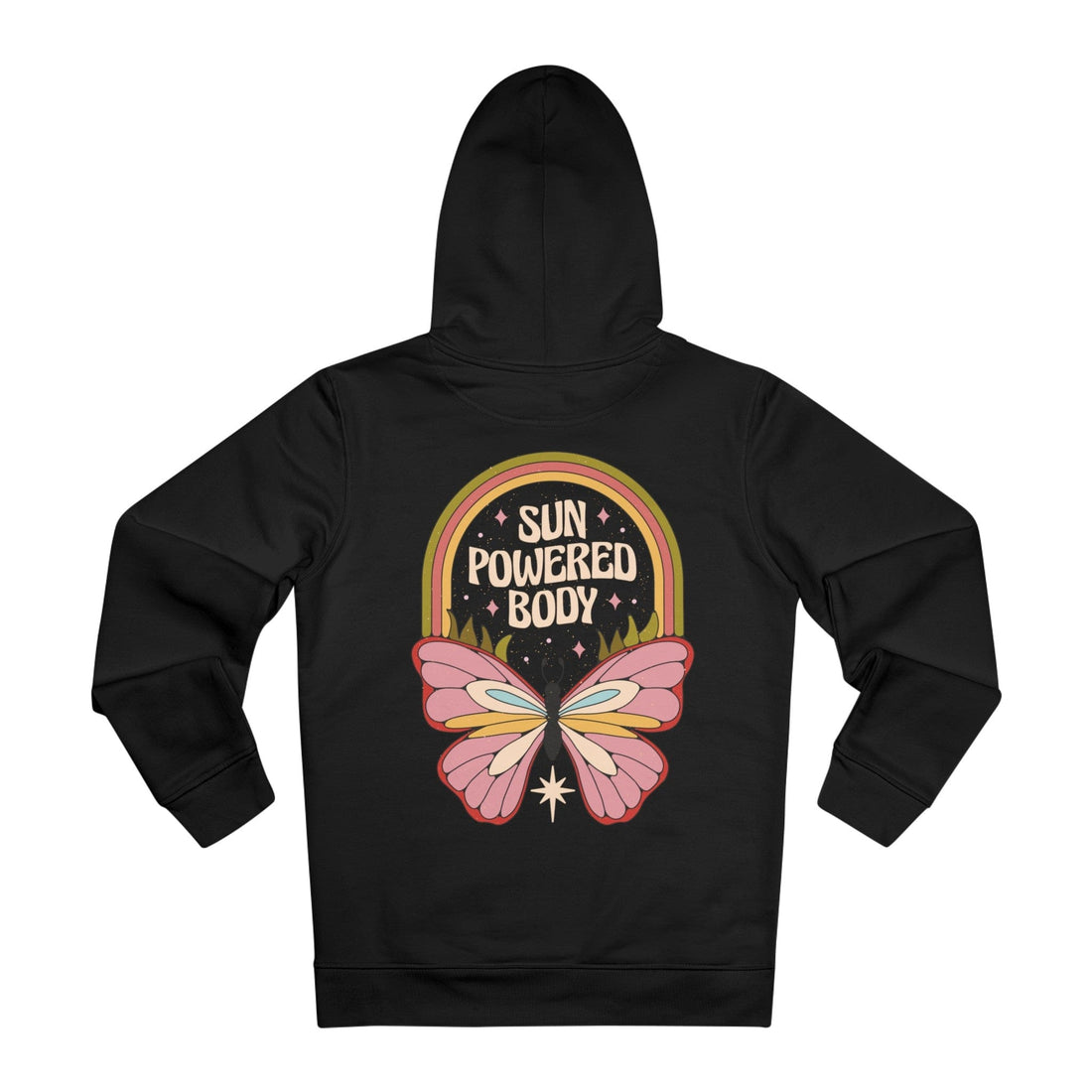Printify Hoodie Black / M Sun Powered Body Butterfly - Hippie Retro - Hoodie - Back Design