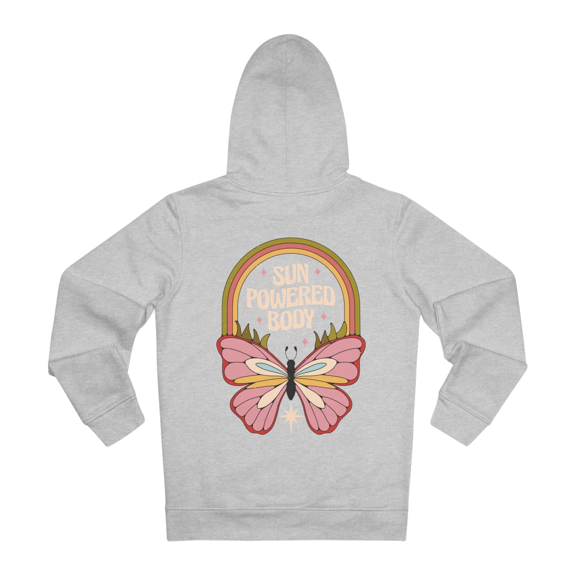 Printify Hoodie Heather Grey / S Sun Powered Body Butterfly - Hippie Retro - Hoodie - Back Design