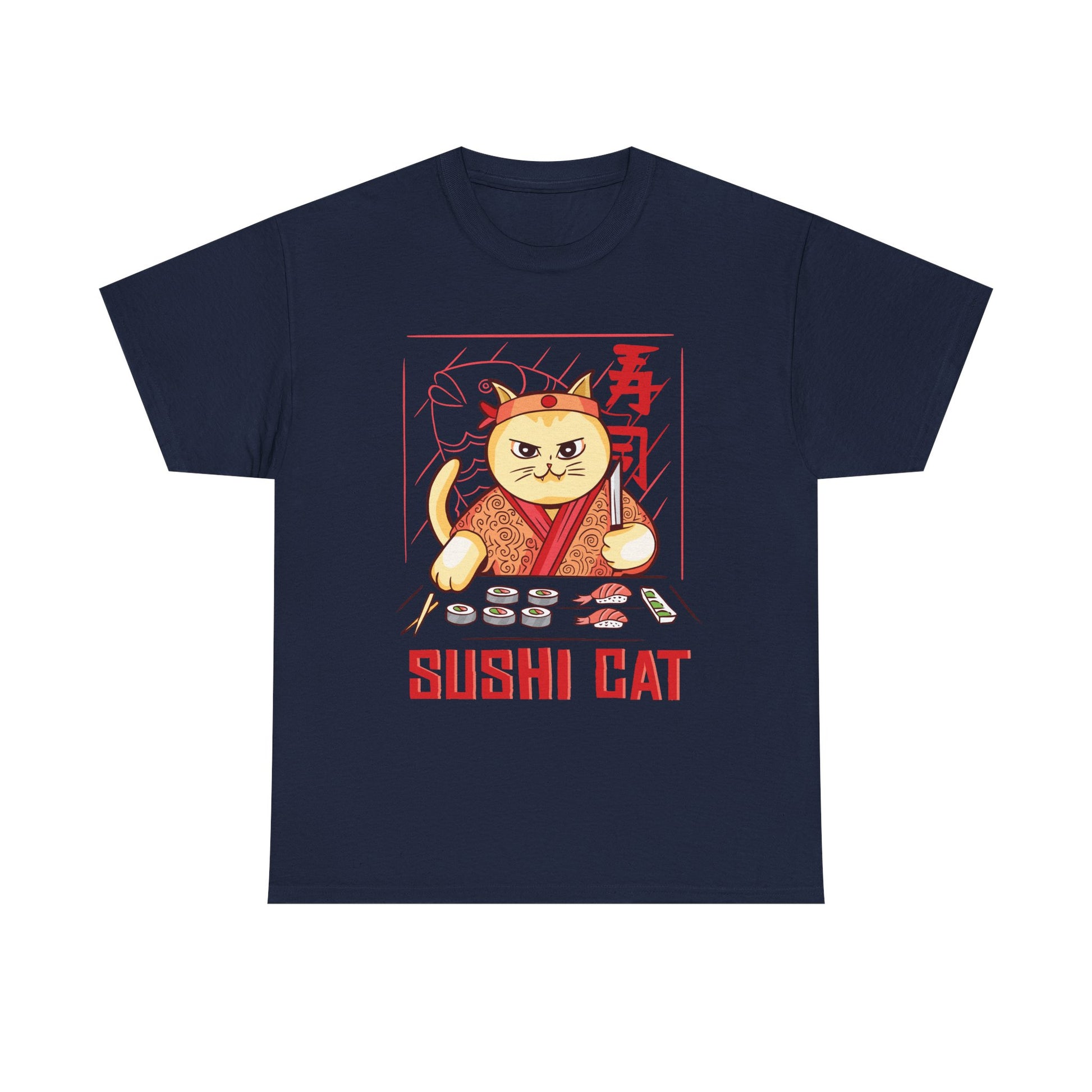 Marineblaues T-Shirt mit japanischer Sushi-Katze und starken Farben – ideal für Liebhaber asiatischer Kulinarik und Katzenhumor.