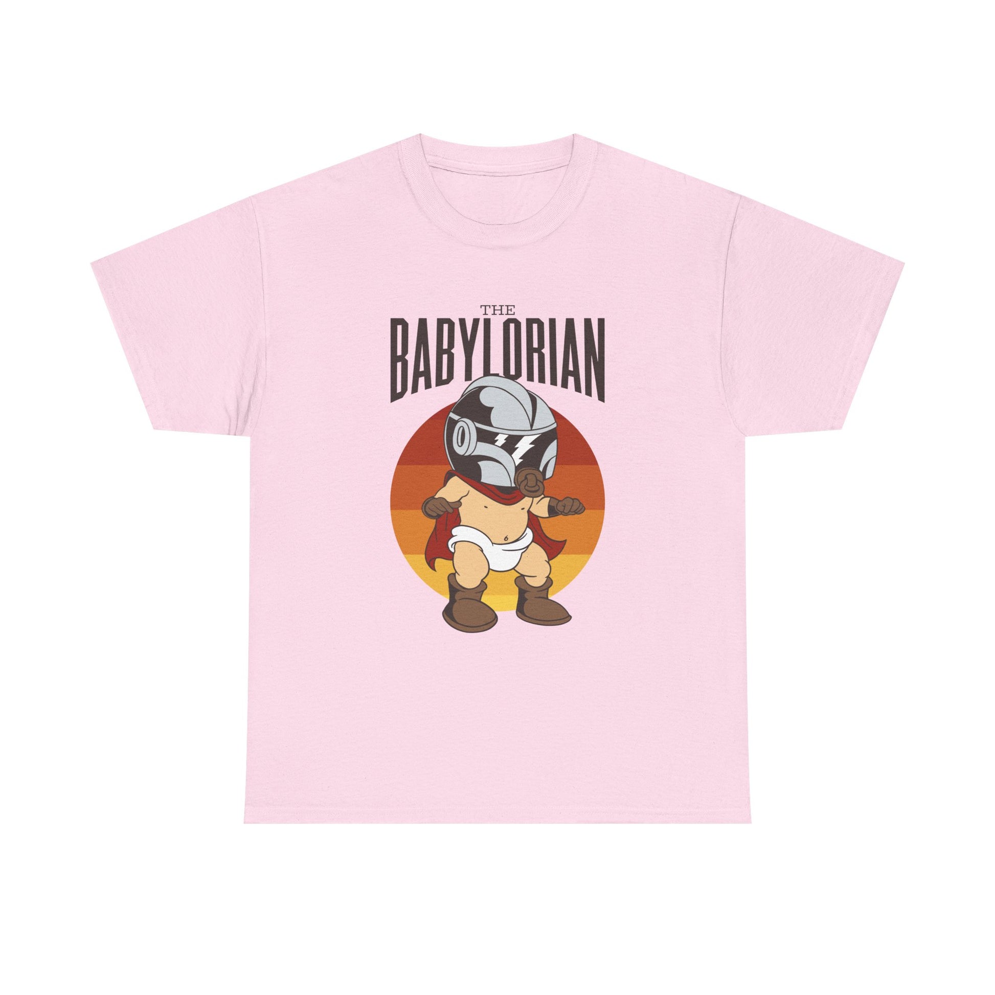 Hellpinker Stoff mit galaktischem Babymotiv. Ein Mini-Mandalorianer, der Nerd-Herzen höherschlagen lässt – süß, retro, kultig.