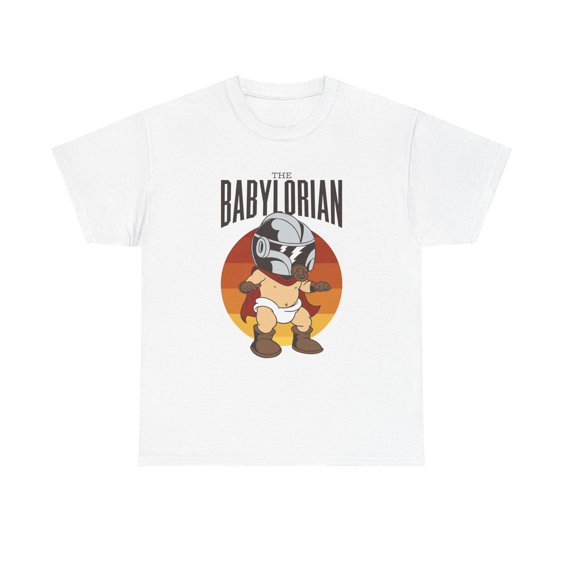Weißes Shirt mit einem Baby in Mandalorian-Rüstung, inspiriert von der Star-Wars-Serie „The Mandalorian“. Retro-Sonnenuntergang im Hintergrund verleiht dem Design Vintage-Flair.