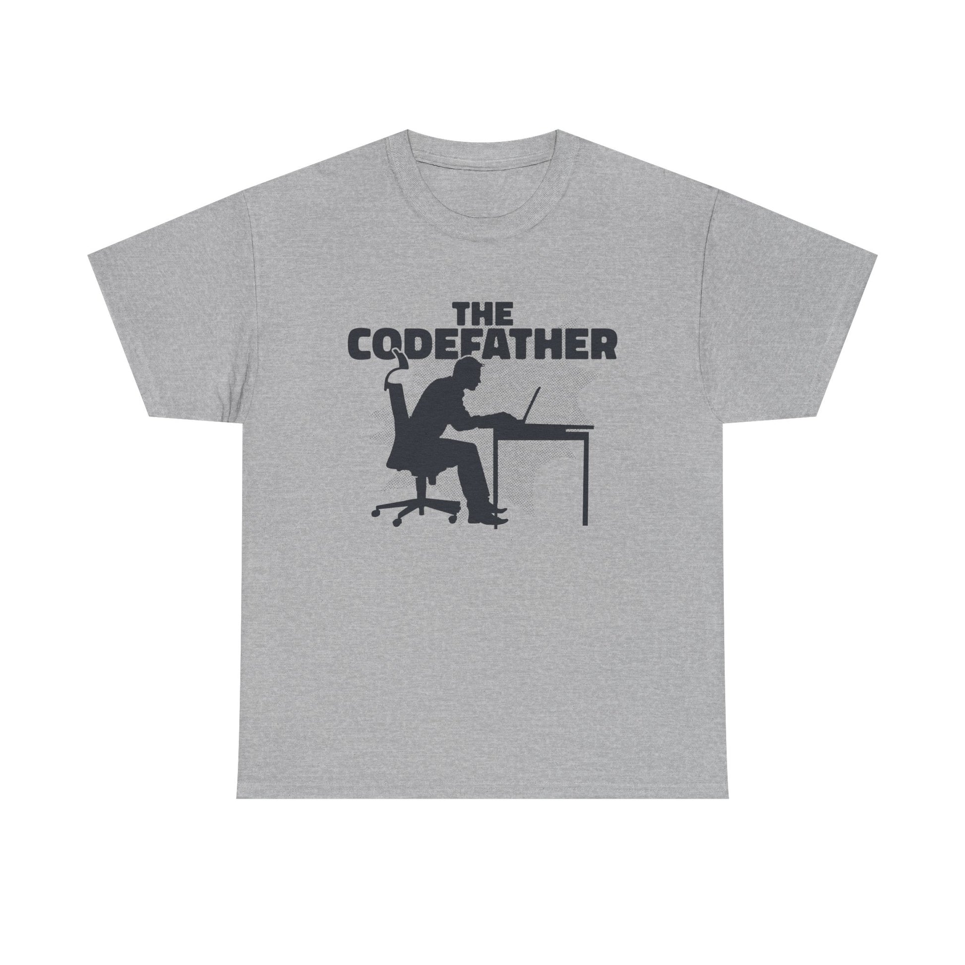 Graues T-Shirt mit kultigem Programmierer-Motiv. Der „Codefather“ thront am Laptop – eine Hommage an „Der Pate“, nur für digitale Unterwelten.