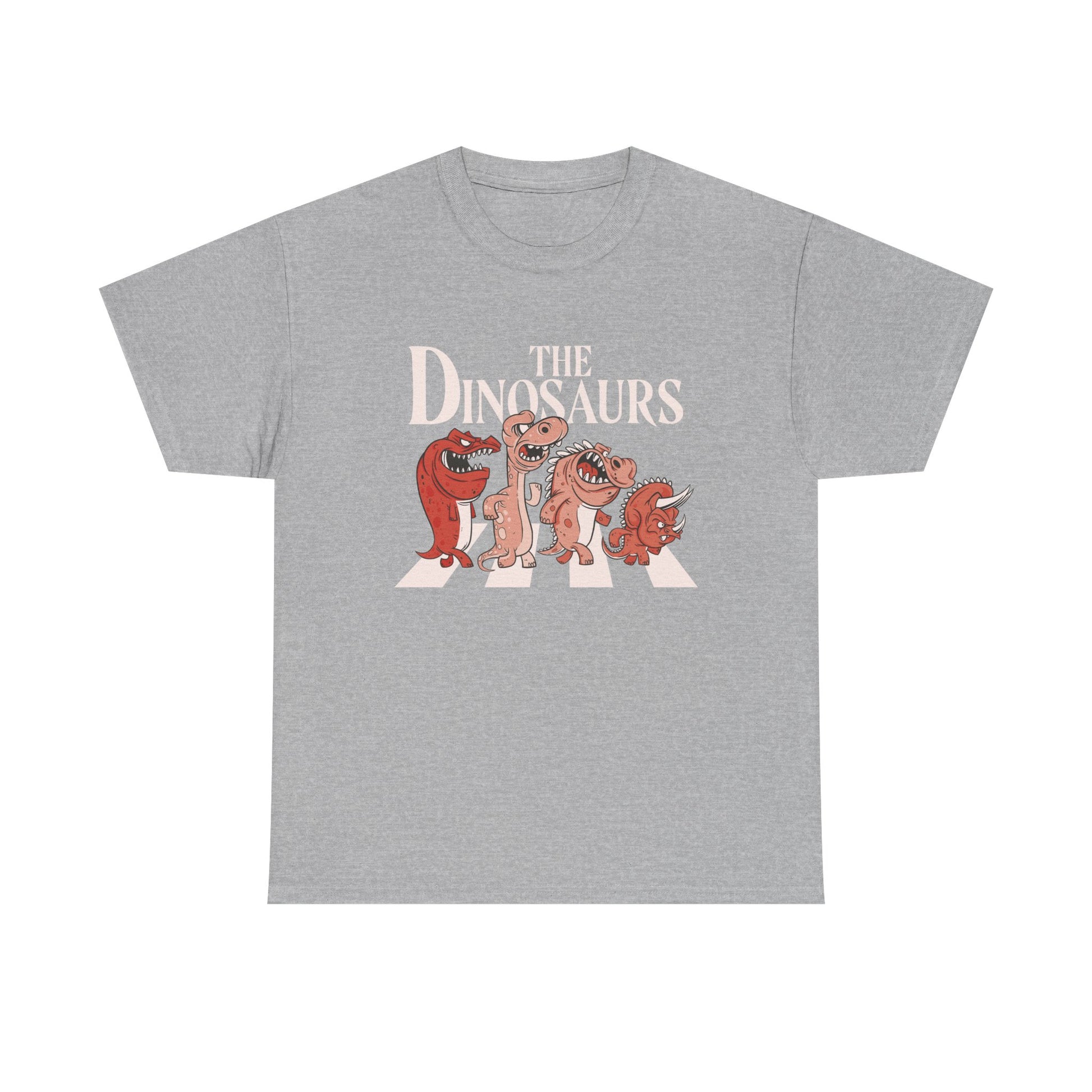 Graues Shirt mit Frontdesign. Vier Comic-Dinosaurier überqueren einen Zebrastreifen unter dem Schriftzug The Dinosaurs, angelehnt an das Abbey Road Albumcover der Beatles.