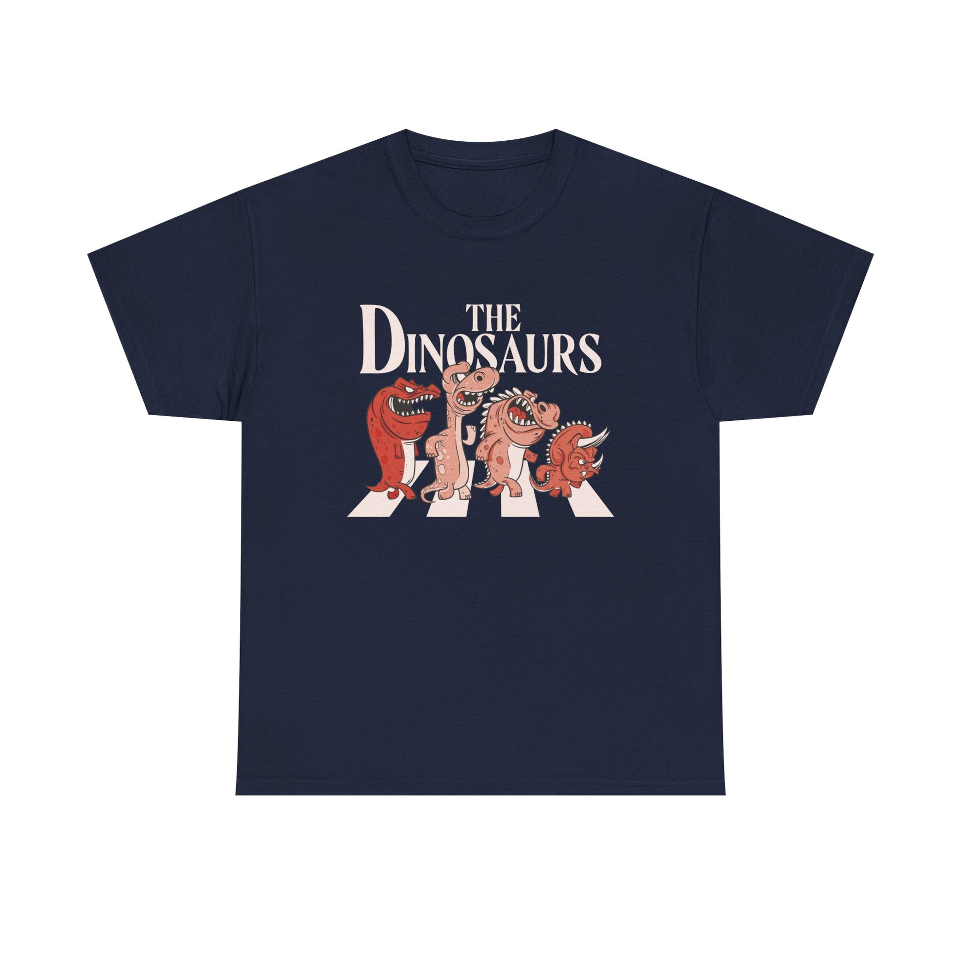 Marineblaues T Shirt mit witzigem Printmotiv. Comicartige Dinosaurier parodieren die Abbey Road Szene der Beatles mit dem Titel The Dinosaurs.