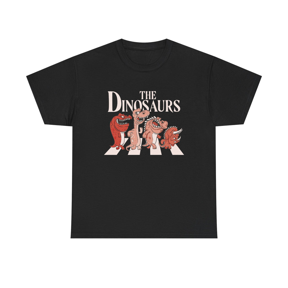 Schwarzes T Shirt mit Frontdesign inspiriert vom Beatles Abbey Road Albumcover. Vier bunte Dinosaurier marschieren als Comicfiguren über einen Zebrastreifen unter dem Schriftzug The Dinosaurs.