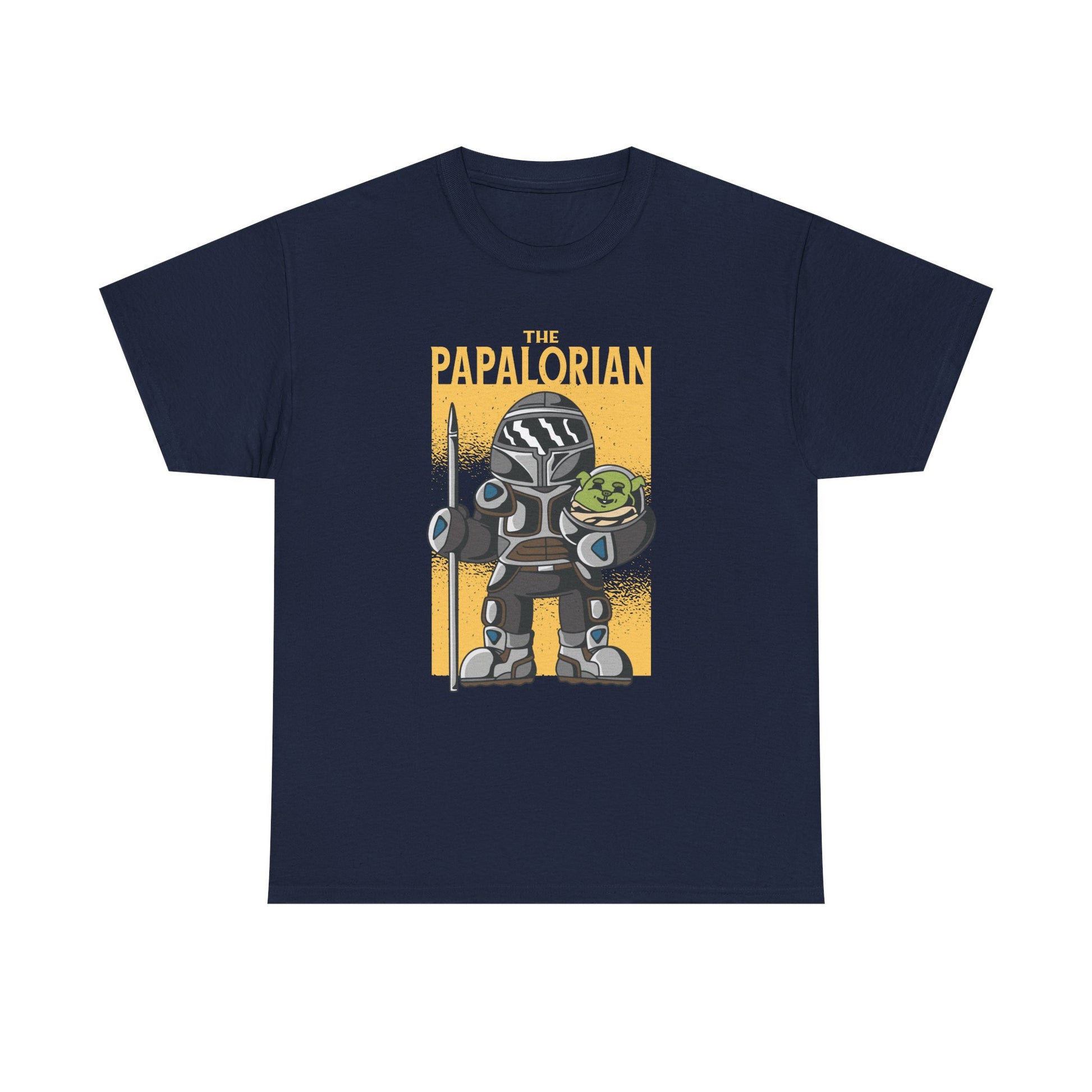 Marineblaues T Shirt mit Parodie auf den Mandalorian. Cartoon-Krieger mit Yoda-ähnlichem Baby auf gelbem Hintergrund.