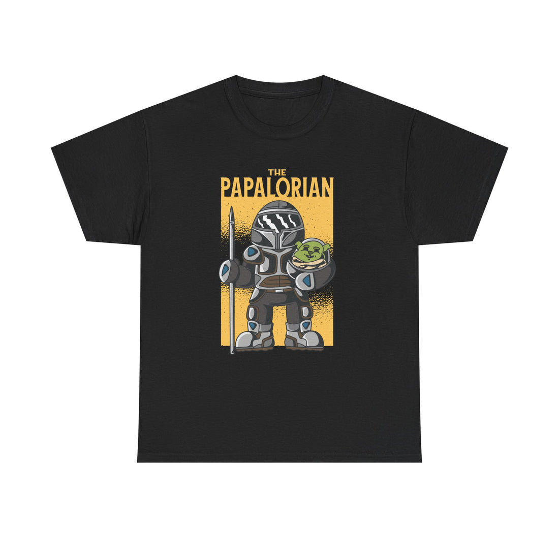 Schwarzes T Shirt mit Illustration eines Mandalorian-Kriegers mit Baby-Alien im Arm. Text: The Papalorian.