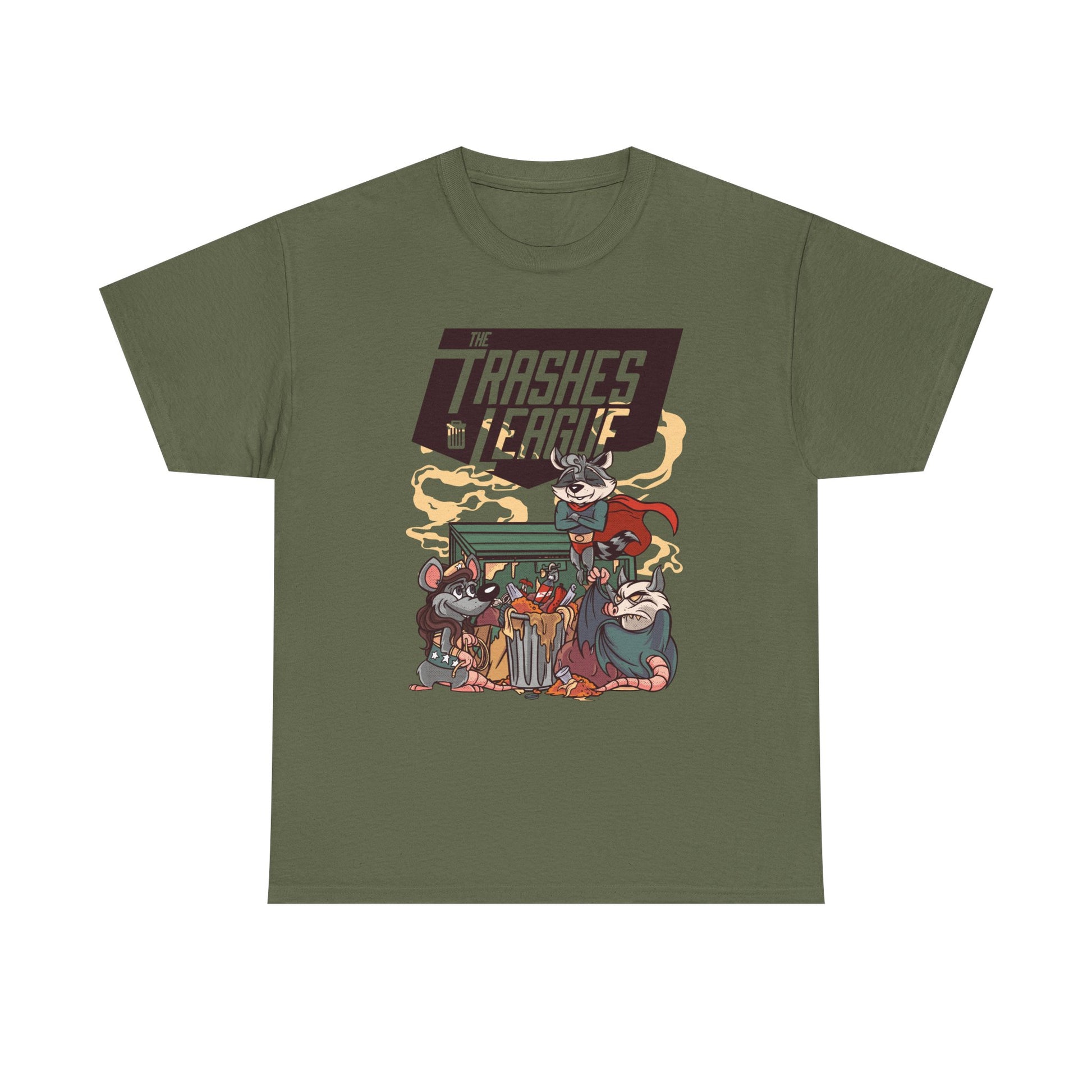 Olivgrünes Shirt mit einer Bande trashiger Tierhelden – inspiriert von der Justice League. Stylisch, ironisch, einzigartig.