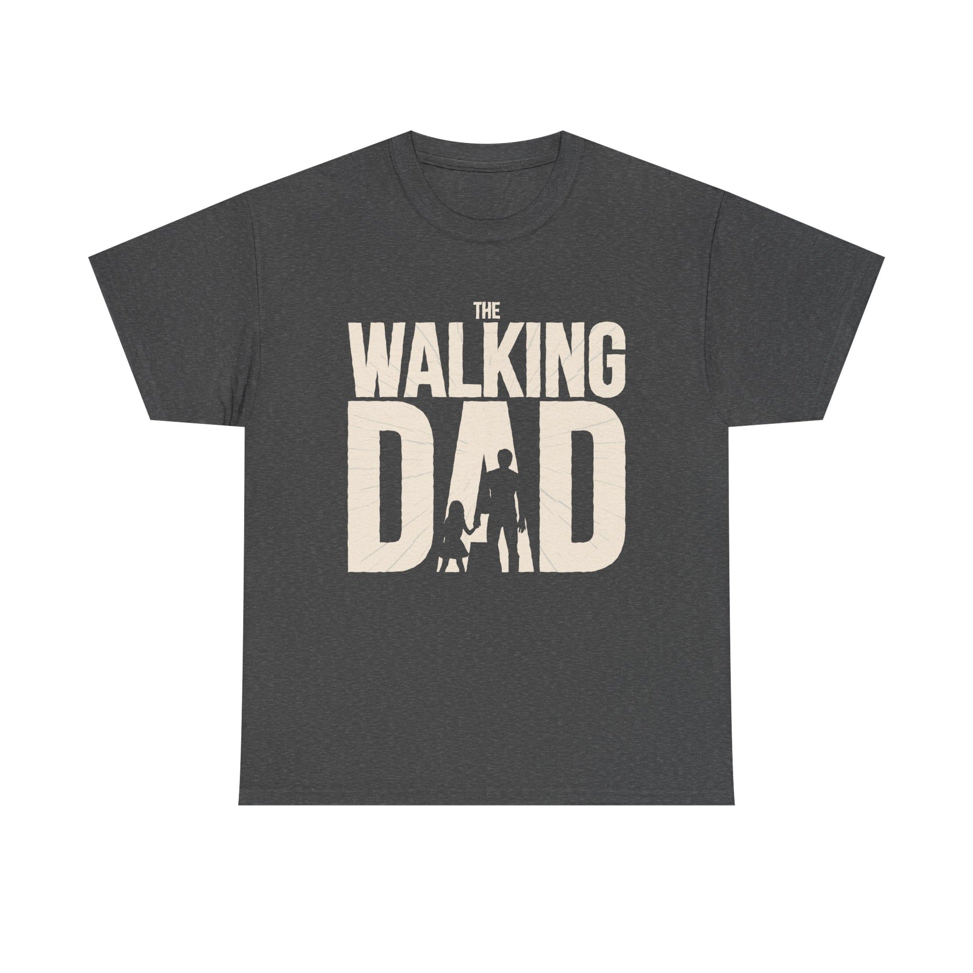 Dunkelgraues Shirt mit kontrastreicher Typo „The Walking Dad“. Silhouetten-Illustration als clevere Film- und Familienparodie.