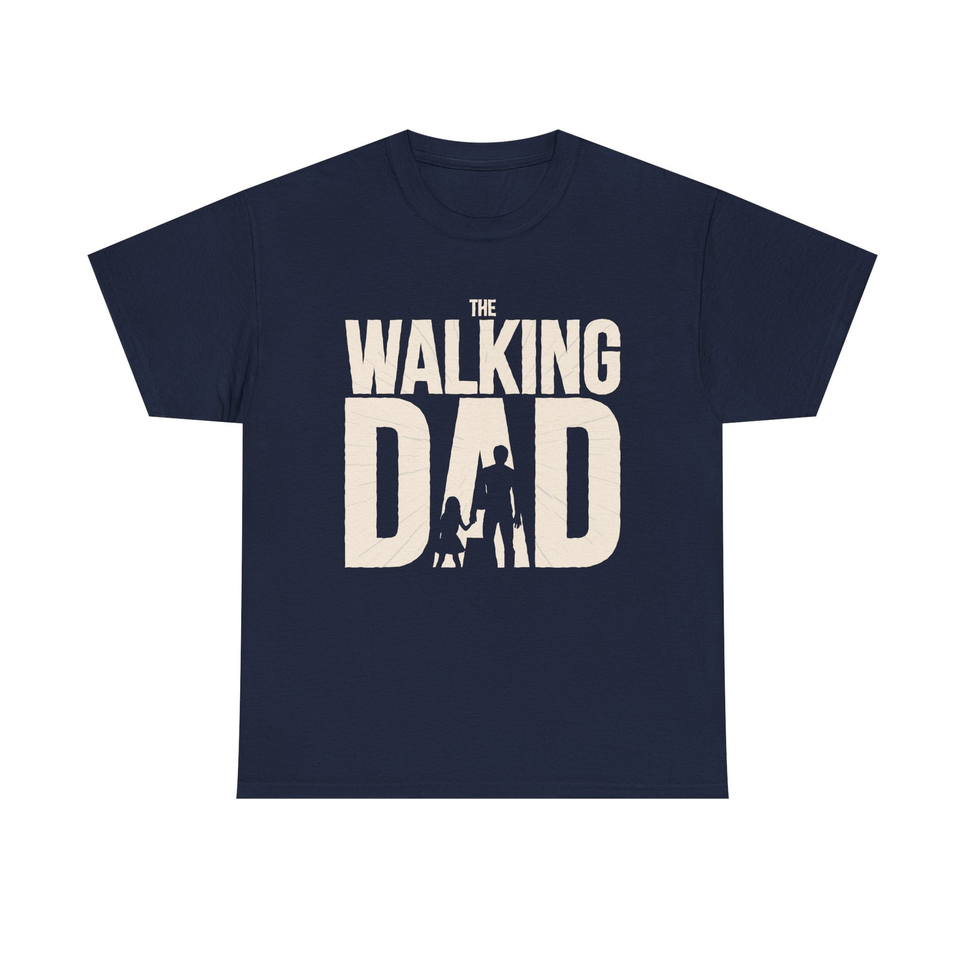 Marineblaues Shirt mit humorvoller Typografie „The Walking Dad“ in Beige. Silhouetten von Vater und Kind erinnern an eine Zombie-Apokalypse.
