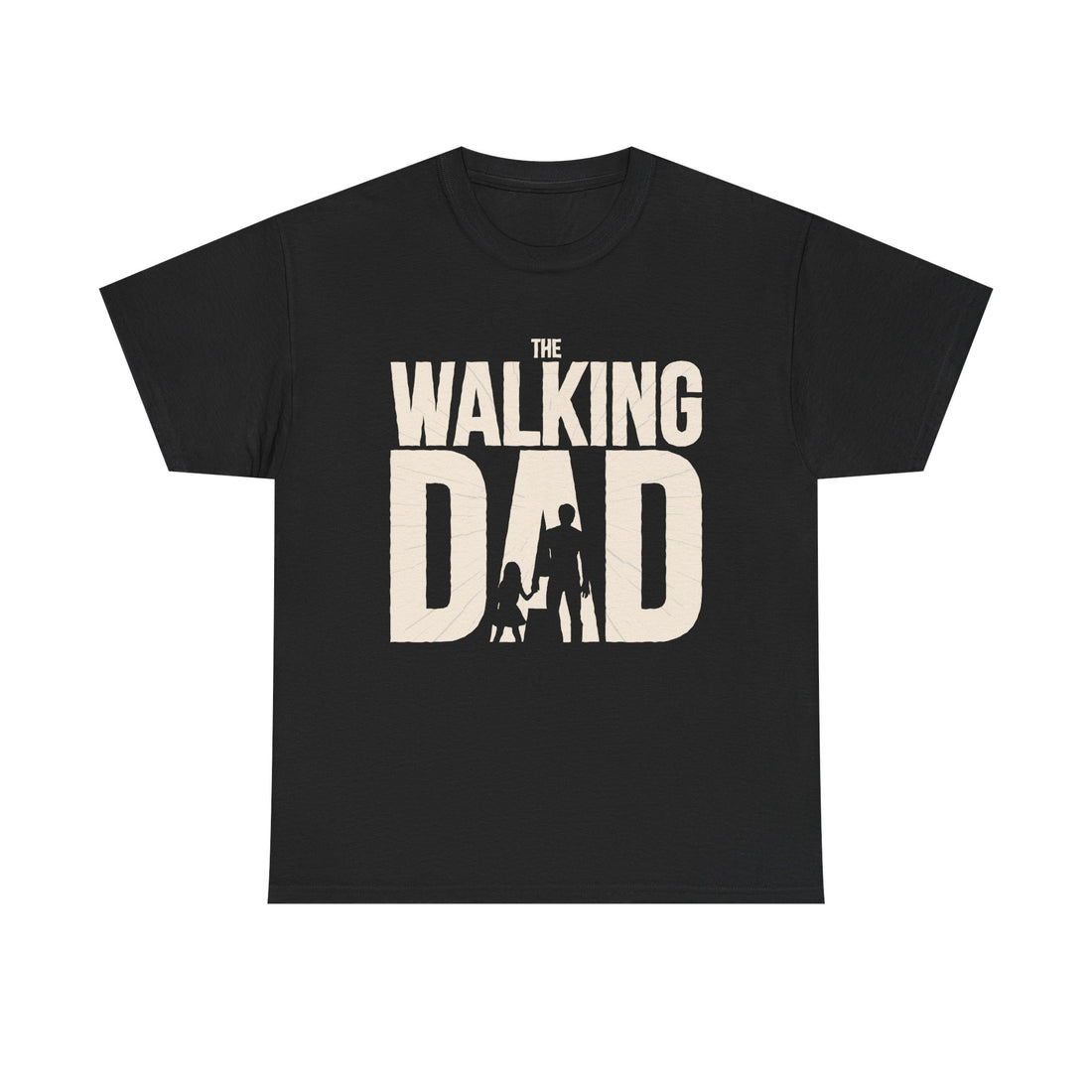 Schwarzes Shirt mit cremefarbenem Schriftzug "The Walking Dad". Eine Vaterfigur mit Kind im Zombie-Stil parodiert das bekannte Serienmotiv.