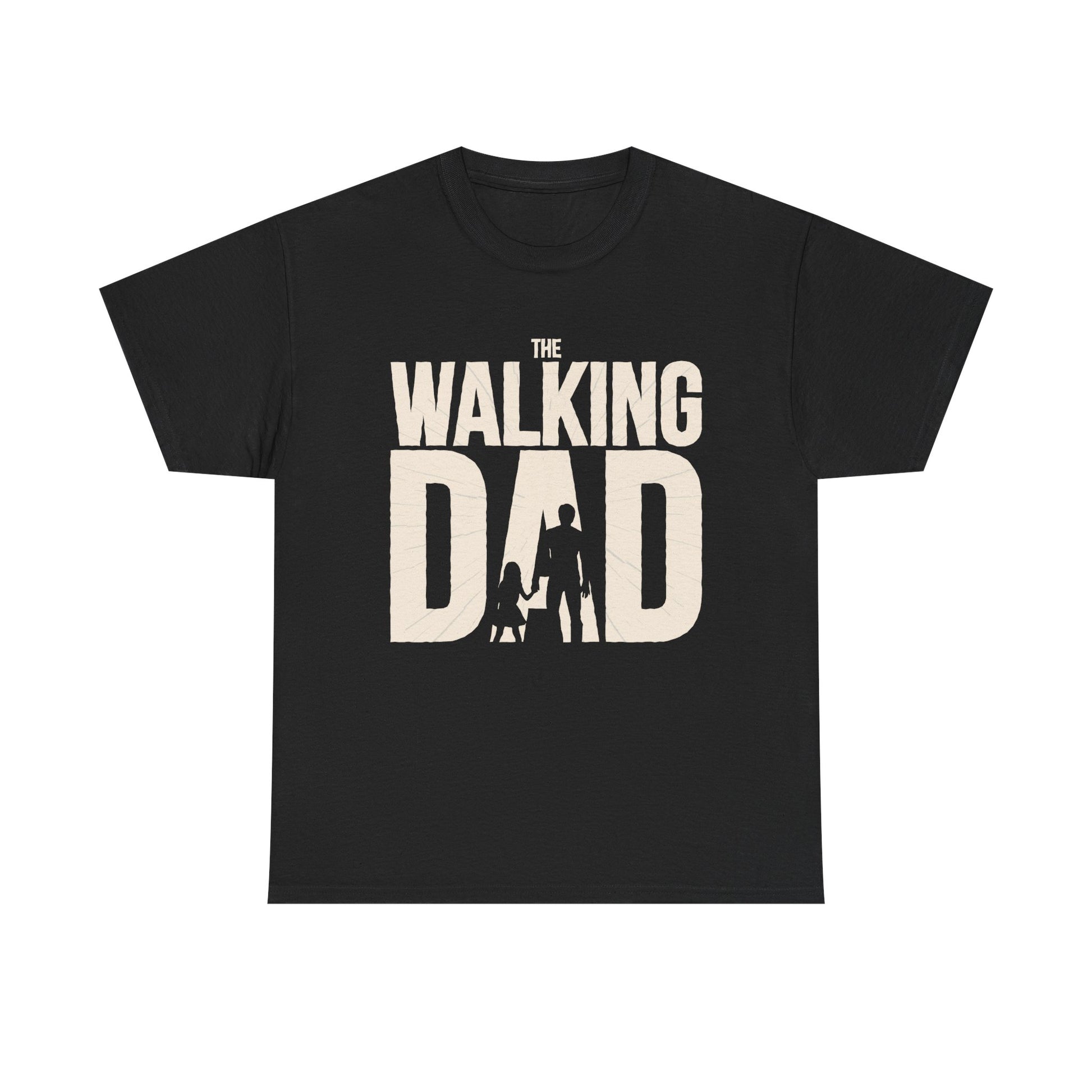 Schwarzes Shirt mit cremefarbenem Schriftzug "The Walking Dad". Eine Vaterfigur mit Kind im Zombie-Stil parodiert das bekannte Serienmotiv.