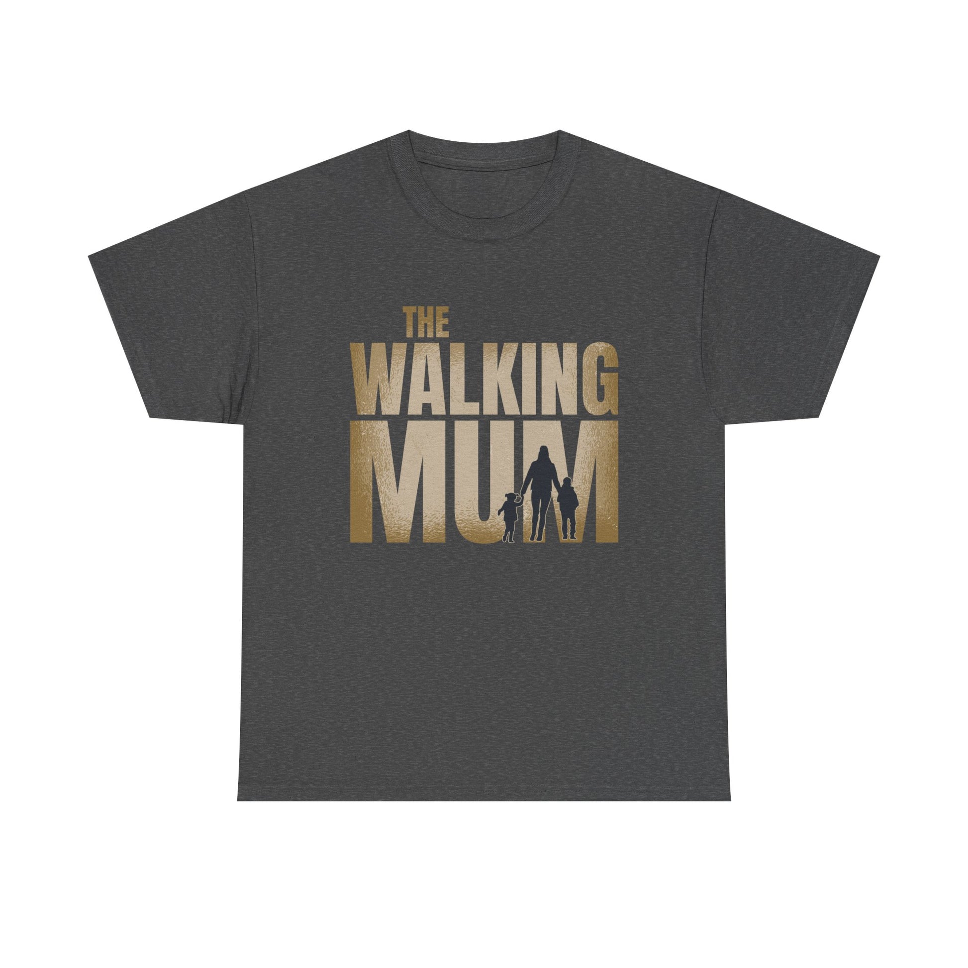 Dunkelgraues Shirt mit goldener Blockschrift The Walking Mum. Die stilisierte Mutter mit Kind und Hund bringt Serienlook in den Familienalltag.