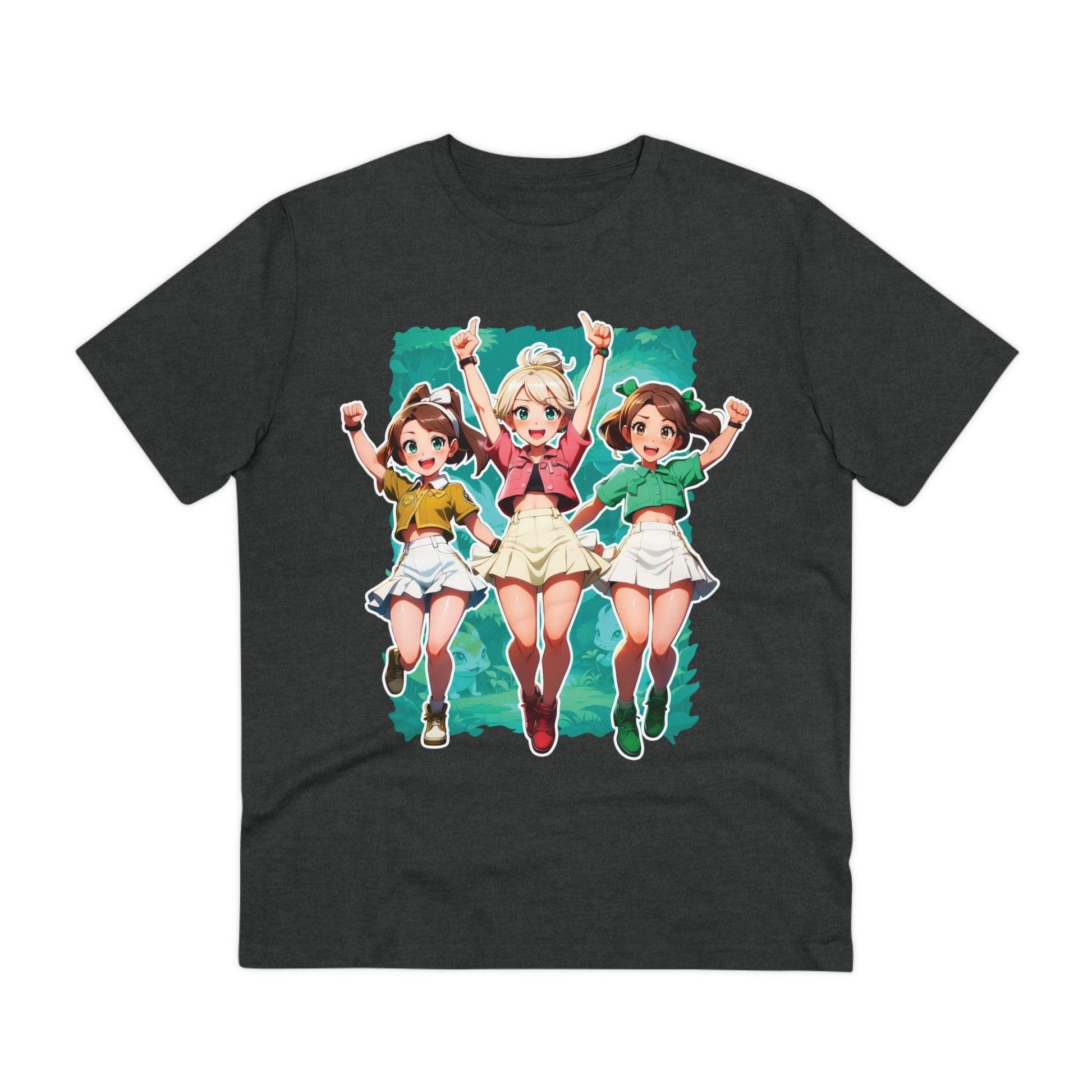 Printify T-Shirt Dark Heather Grey / 2XS Three Gamer Girls with Skirt - Anime World - Front Design